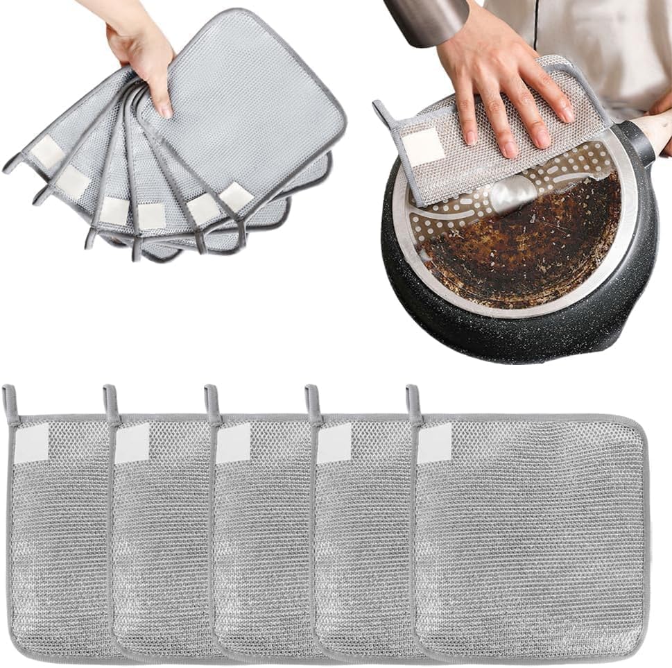 Multipurpose Wire Dishwashing Rag, Scrubbing Pads Sponge Cloths Dishcloth Three Layers of Thickening Rag, Reusable Hanging Wire Dishwashing Rags for Wet and Dry (5pc)