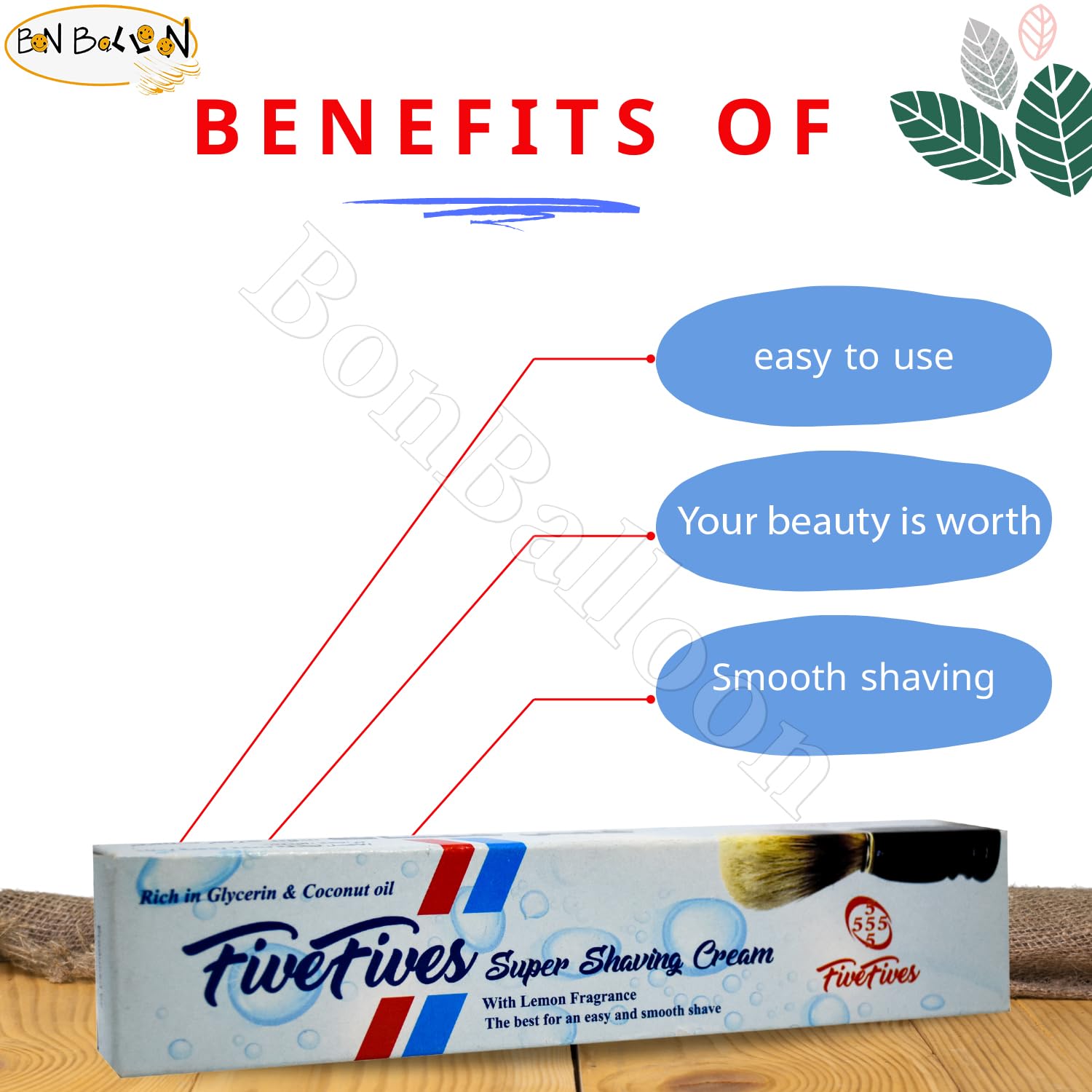Bonballoon Five Fives - Crema da barba fresca 55555, ogni tubetto da 50 g, olio di cocco con glicerina, per una rasatura più morbida e rasata, 55555, Fabricad 50 g (confezione da 3)