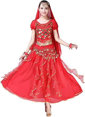 Women Belly Dance Costume 5-Piece Set with Chiffon Skirt and Accessories