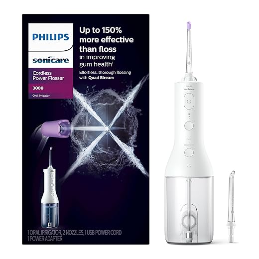 Philips Sonicare Cordless Power Flosser 3000 - Water Flosser with Innovative Quad Stream Technology, Oral Irrigator with 2 Flossing Modes and 3 Pressure Levels, IPX7 Waterproof, White, HX3826/21