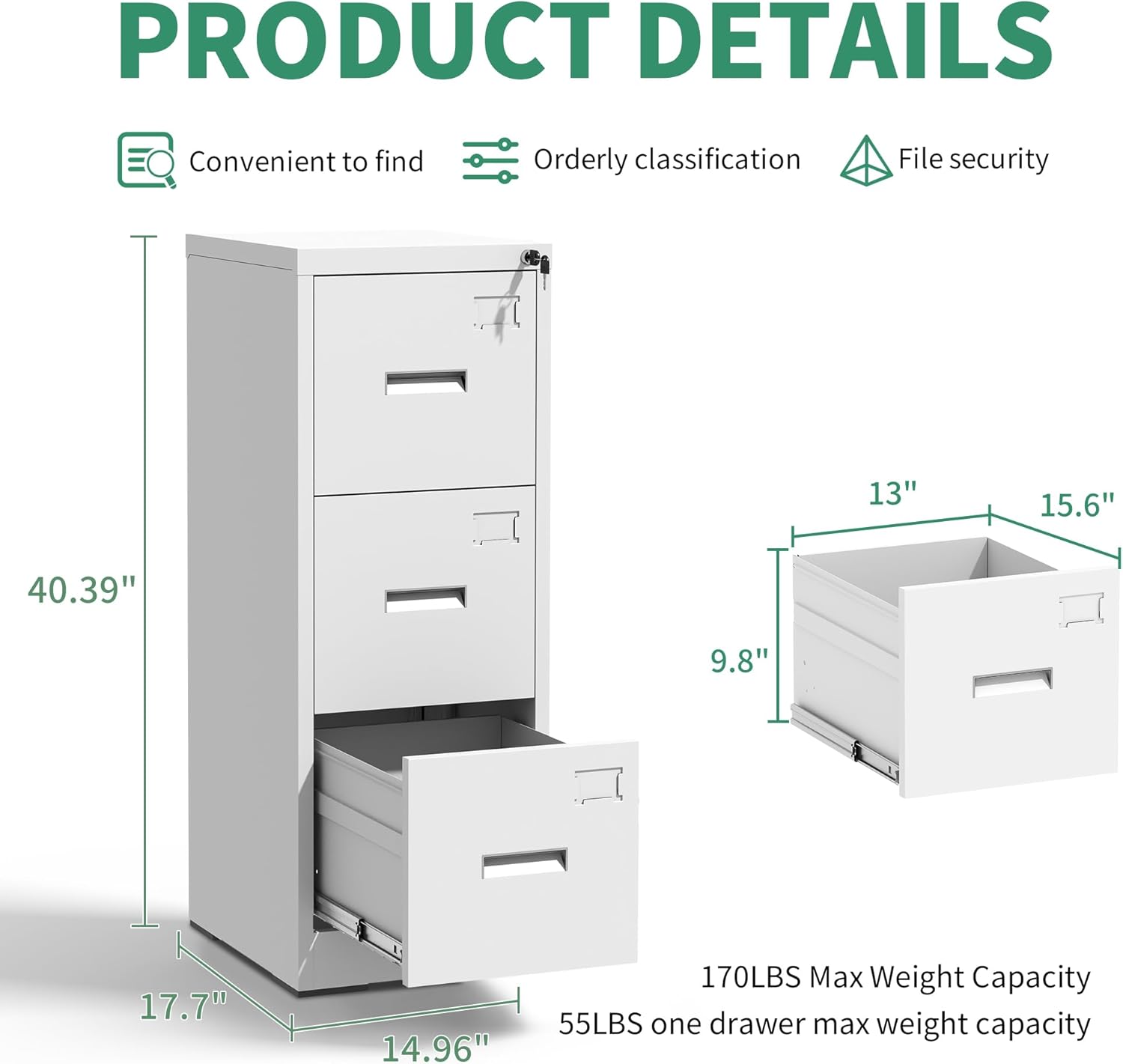 3 Drawer File Cabinet, Vertical File Cabinets with Lock for Home Office,Heavy Duty Office Steel Filing Cabinet for Hanging Letters/Legal/A4, Assembly Required (White)