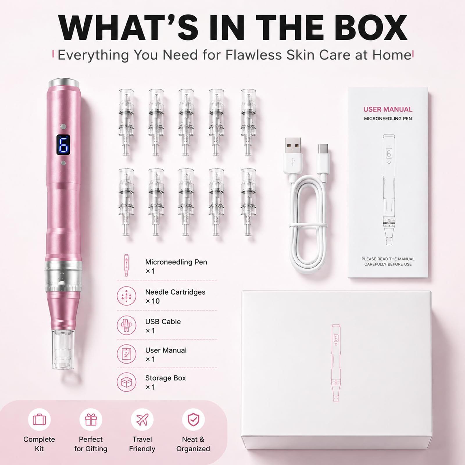 Nano-Kristall Microneedling Pen Elektrisch Wiederaufladbar | mit LCD-Display & 6 Stufen Einstellbare Nadellänge 0-2,5 mm inkl 10 Nadelköpfe für die Hautpflege zu Hause