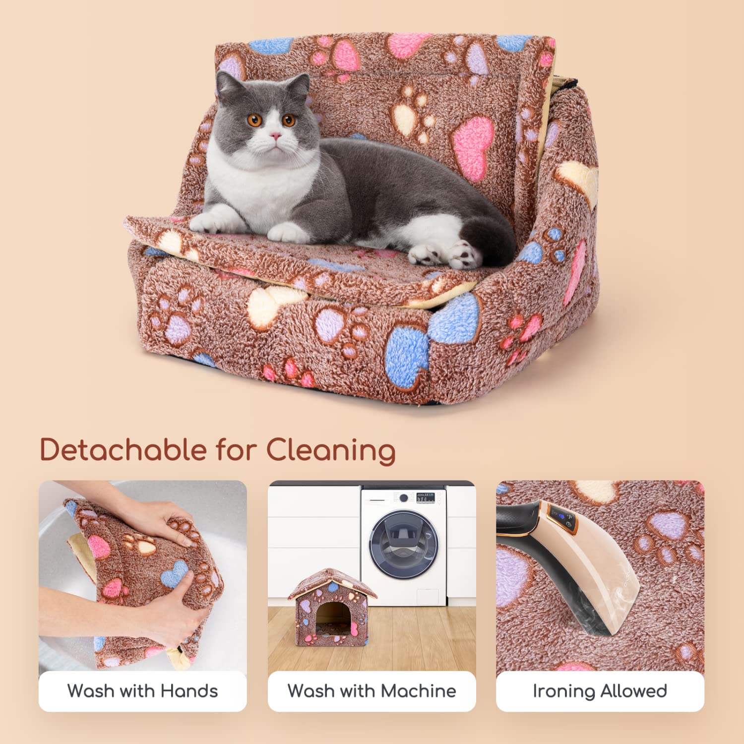 Nobleza Caseta para Perros,Casa Gatos Interior, Cama para Perro con Colchón Extraíble, Plegable Casa para Gato, Conejos, 53x50x43cm L, Marrón