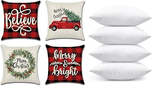 OTOSTAR Juego de 4 fundas de almohada de árbol de Navidad de 18 x 18 pulgadas, con rellenos de almohada de 18 x 18 pulgadas, almohada para el hogar,