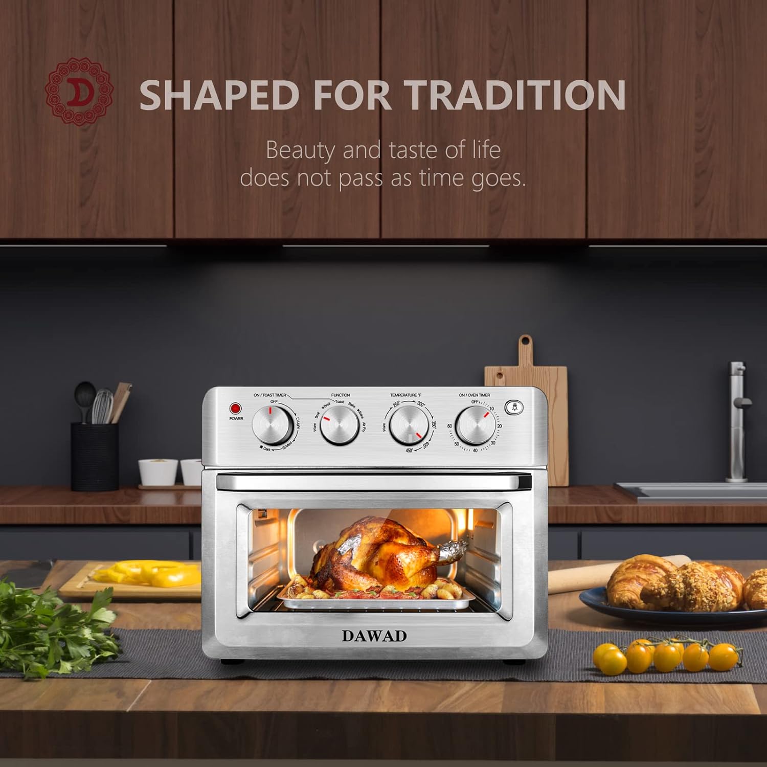 🛒 Flash Sale Toaster Oven Air Fryer Combo,DAWAD 19QT Countertop Convection Oven for Fries, Pizza, Chicken, Cake, Cookies, 4 Accessories & 33 Original Recipes, Easy Clean, Stainless Steel