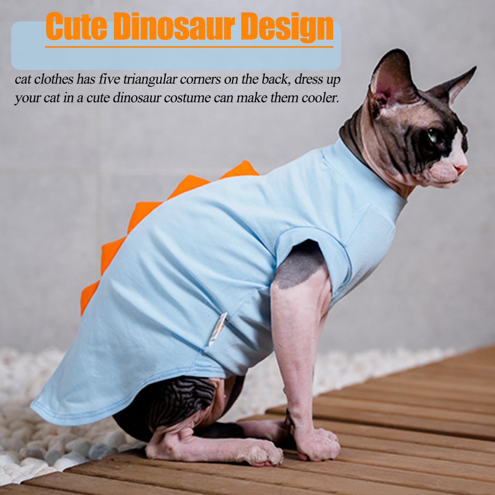 Sphynx Cat Clothes Cat Jumpers for Cats Only Dinosaur Cat Costume Cat Outfit Hairless Cat Sweater Soft Cat Onesie Breathable Cotton T-Shirt Kitten Jumper Coat Cat Clothing Vest Pajama Suit(Blue,XXL) - Image 3