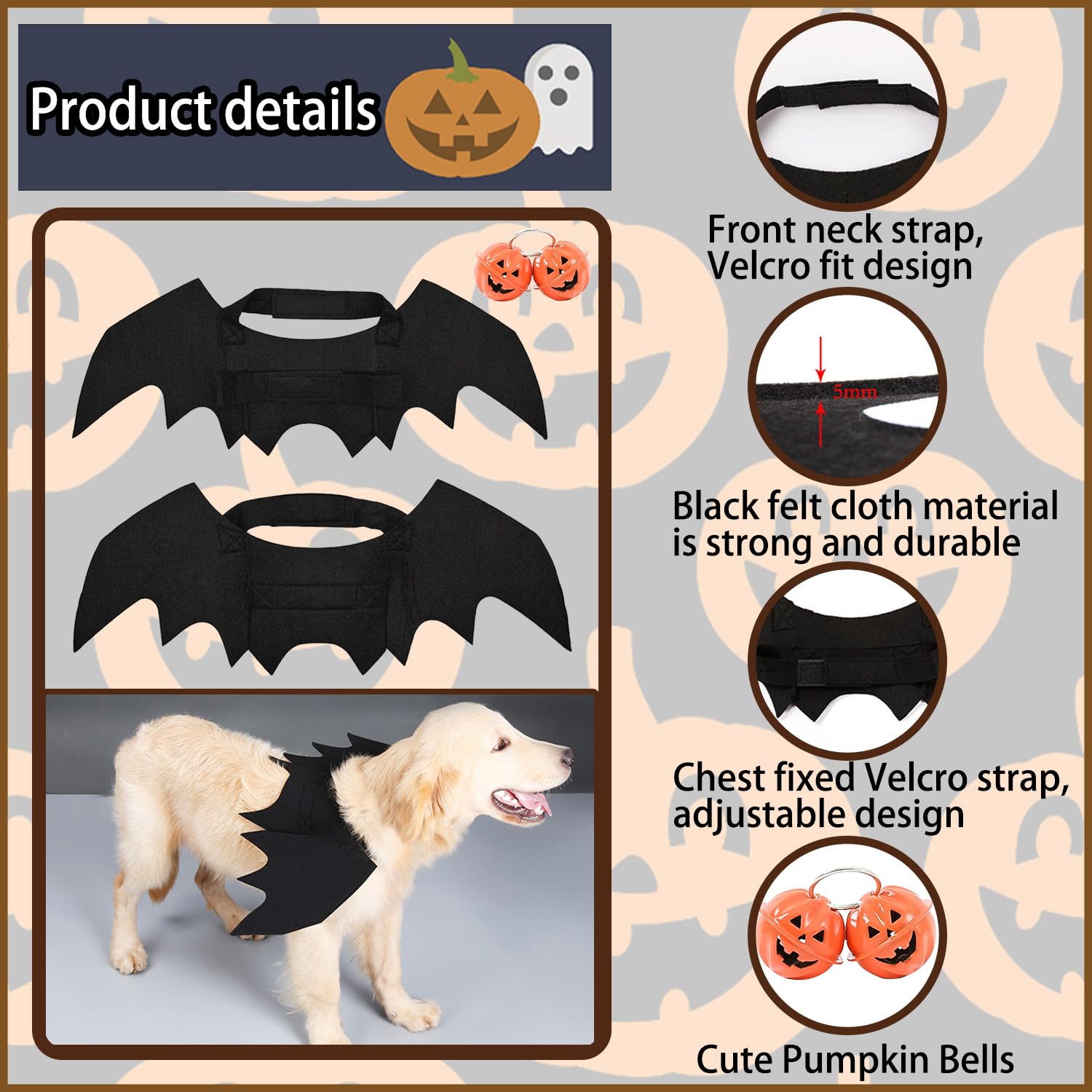 Alas De Murciélago Para Perro O Gato - Disfraz Halloween Con Campana De Calabaza, Talla S