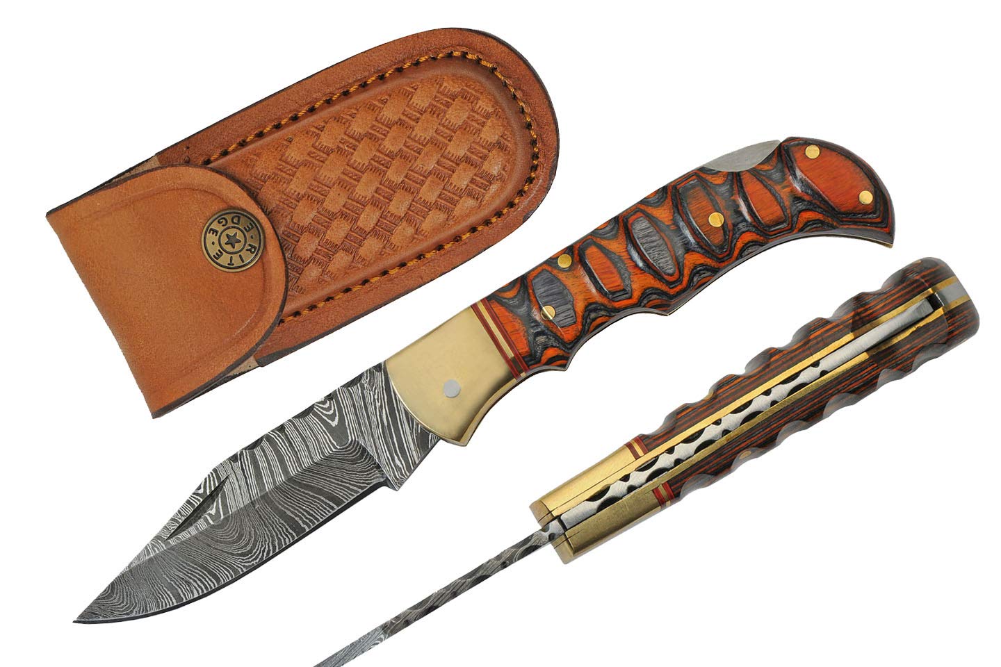 SZCO Supplies Damascus Steel Folding Knife, 6.5” EDC Pocket Knife with Clip-Point Blade, Orange Wood Handle, and Leather Sheath – Everyday Carry for Outdoor and Gift Use