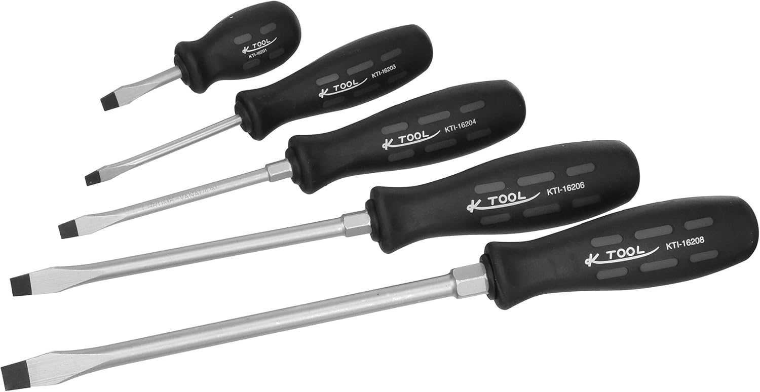 K Tool International 16001 Pro Series Slotted Screwdriver Set for Garages, Repair Shop and DIY, Triangular Grip, Non-slip, Chrome Vanadium Blade, Stubby, 3", 4", 6", 8" Blades, Black, 5 Piece