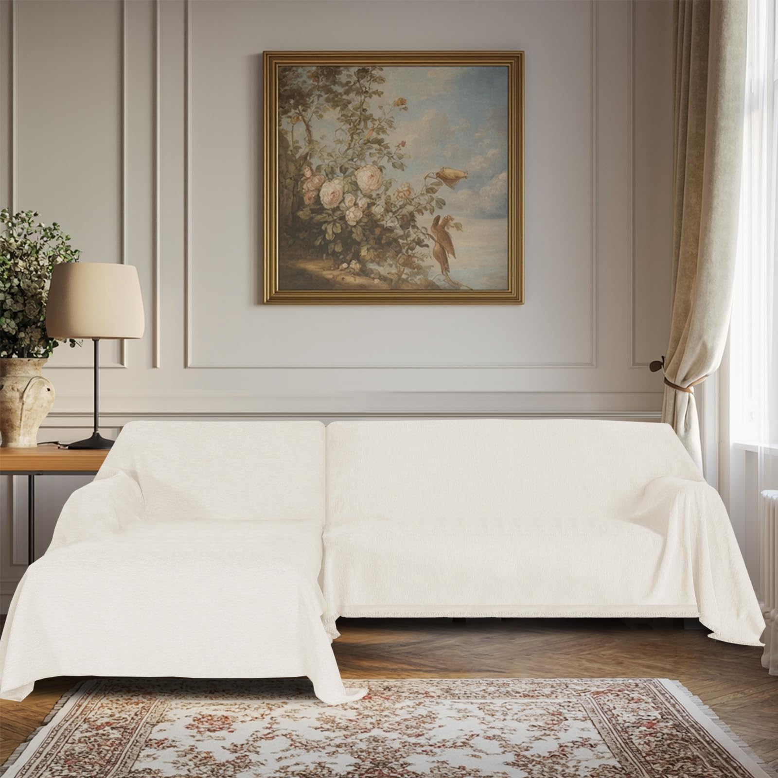 BellaHills Ciniglia Copridivano 3 Posti con Penisola Ciniglia, Nuovo Fodera per Divano Antiscivolo Antimacchia, Telo Copridivano con Braccioli Graffi Gatto (Beige, 180230 cm x 180279 cm)