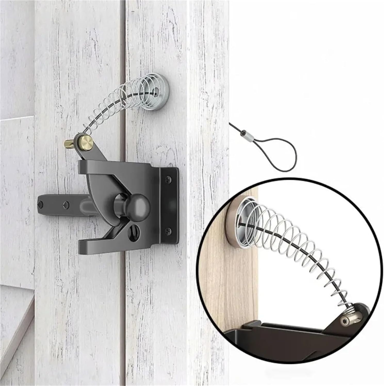 Steel Spring Cable Self Locking Gate Pull String Light Open Automatic Door Lock Multifunction Carbon Heavy Duty(Long Style Silver)