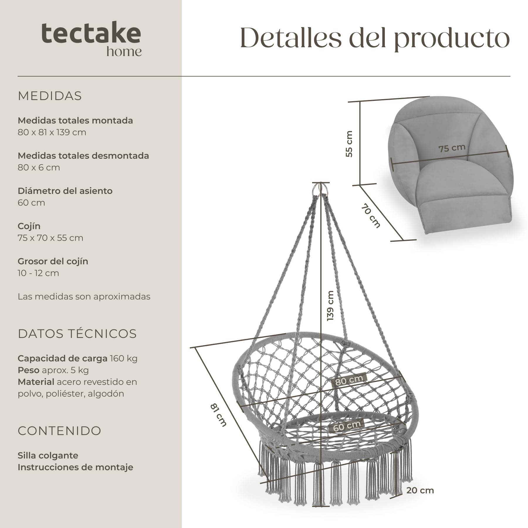 tectake® Cesta Colgante de Estilo Boho Ø 80 cm, Cojines Gruesos de 10-12 cm, Sillón Balancín con Robustas Borlas y 2 Anillas de Fijación, para Interior y Exterior, Cap. de Carga: 160 kg - Gris