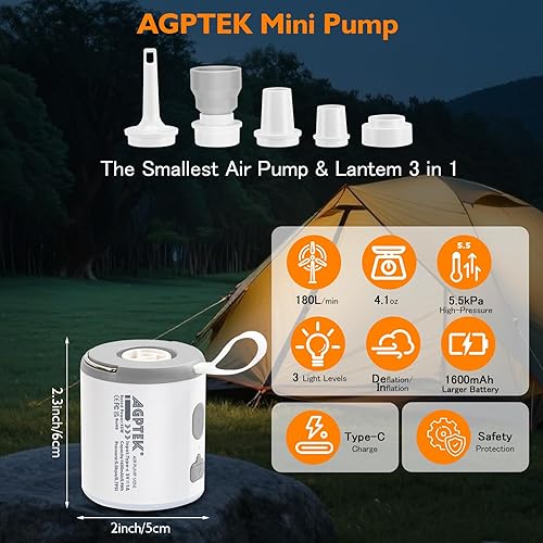 Miniatura 2 de AGPTEK Portable Air Pump for Inflatables, 5.5kPa 1600mAh Tiny Rechargeable Electric air Pump with Led Light for Air Mattress Pool Floats, Vacuum