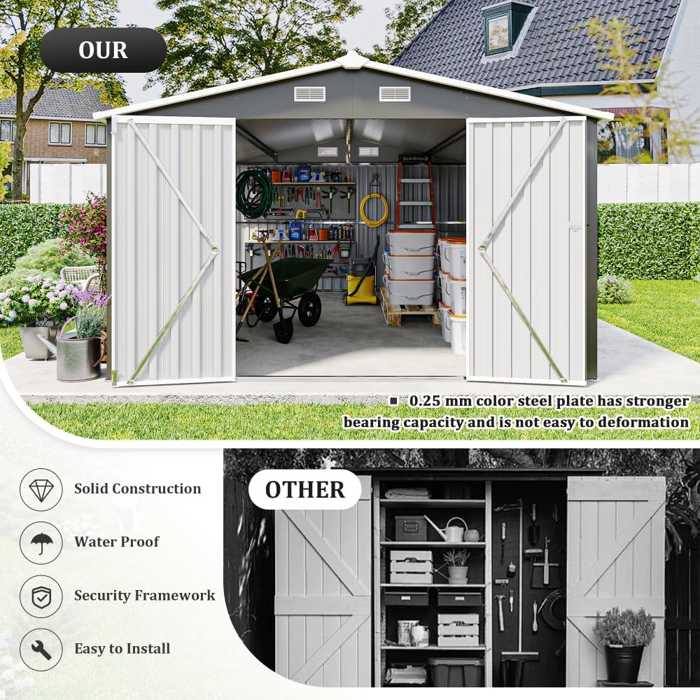 Outdoor Storage Shed with Sloped Roof, 3 Lockable Doors & 4 Air Vents, 10x14 FT Metal Garden Shed for Backyard, Patio, and Lawn in Dark Grey