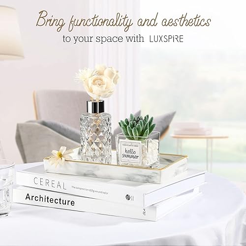Miniatura 4 de Luxspire Bandeja de tocador de baño, bandejas de baño de cerámica de mármol de 12 pulgadas para encimera, bandeja dorada y blanca para tocador,