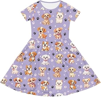 Kids Cute Clothes Puppy Dog Dress for Girls 2-3T Casual Short Sleeve Toddler Skater Dress School Party Flowy Swing Dresses Spring Sundress