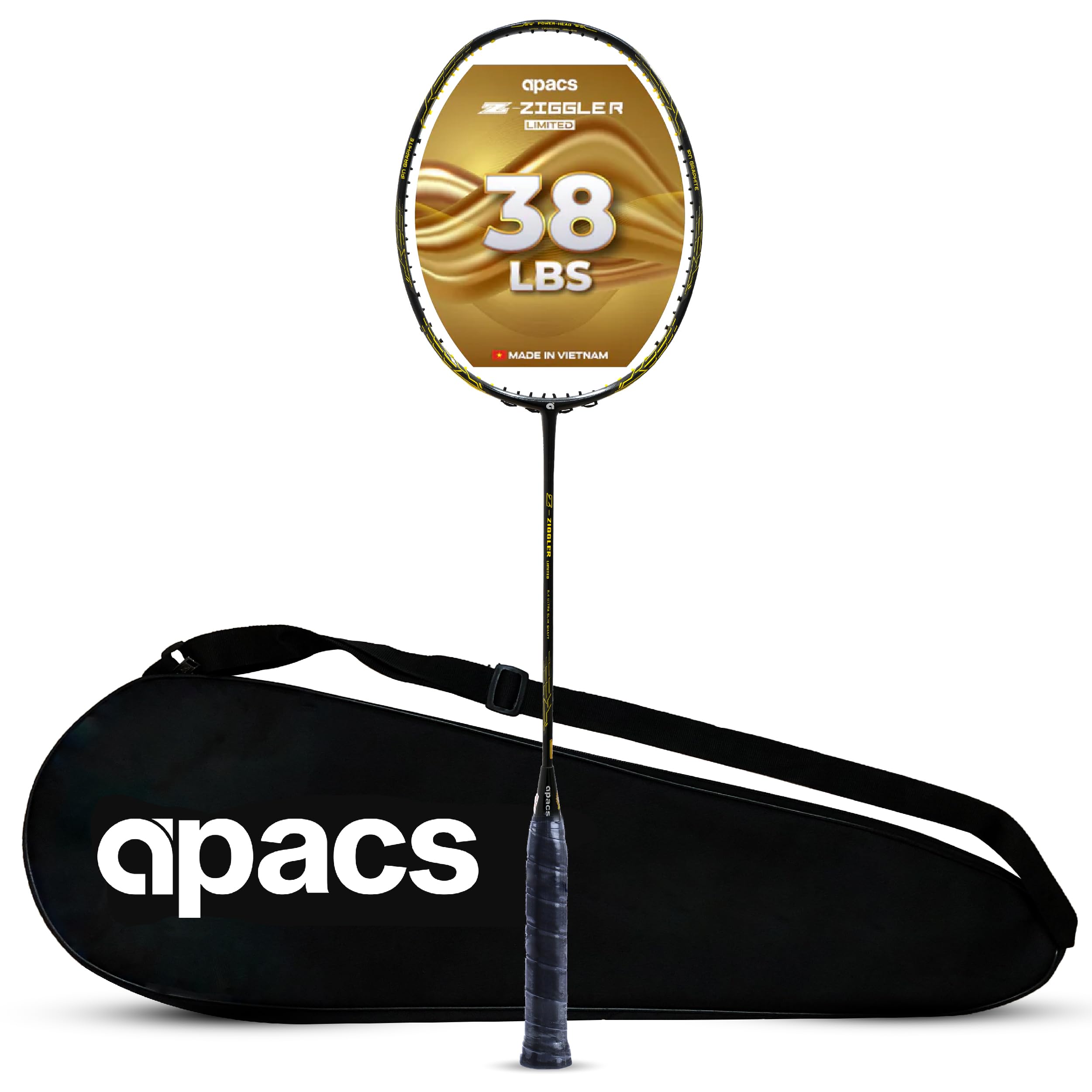 ApacsZ-Ziggler Limited Edition (38 LBS, 6.2mm World's Slimmest Shaft) Made in Vietnam Unstrung Badminton Racket with Free Full Cover | G2-4 1/8 inches (Yellow)