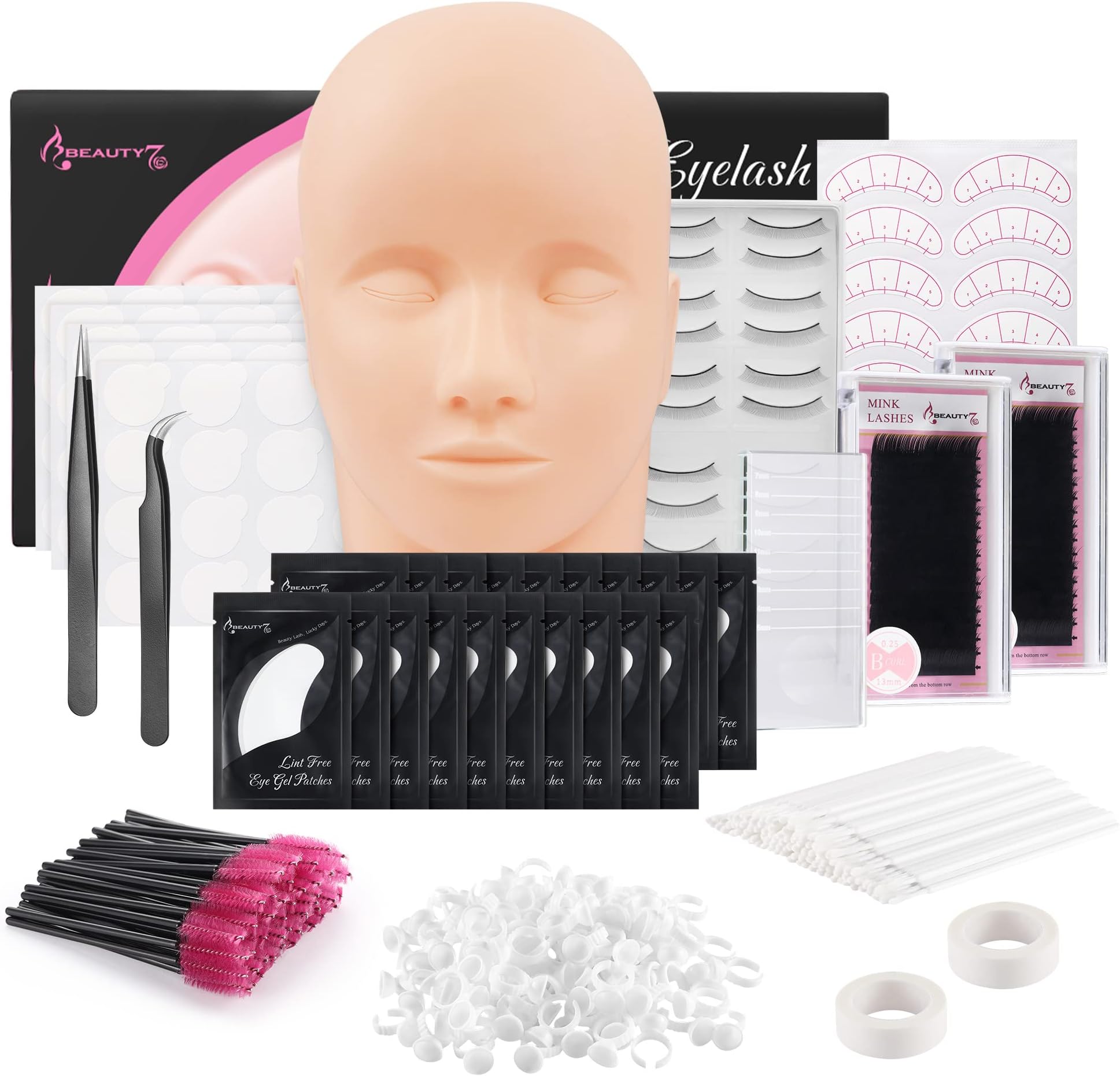 Beauty7 Makeup Practice Face Lash Mannequin Head Lash Extension Training Kit Lash Kit for Eyelash Extensions Beginners,Training Makeup and Eyelash Graft with tweezers, eyelashes, eye patches