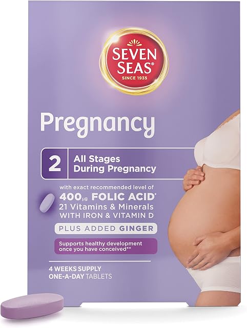 Seven Seas 400 mg Folic Acid Pregnancy Multivitamin For Women, 28 Tablets, All Stages Of Pregnancy A-Z, With Iron & Vitamin D, Daily Supplement For First 12 Weeks & After, With Added Ginger