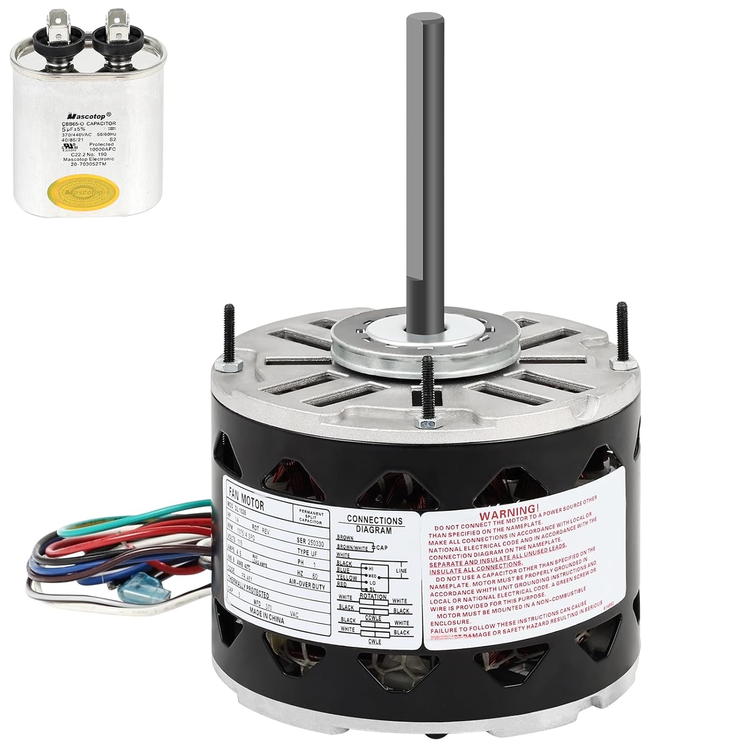 DL1026 Sleeve Bearing Direct Drive Blower Motor 1/4 HP, 1075 RPM, 3 Speed, 115 Volts 4 Amps, 48 Frame, CW/CCW, Direct Drive Fan/Blower for HVAC/R 1*Capacitors