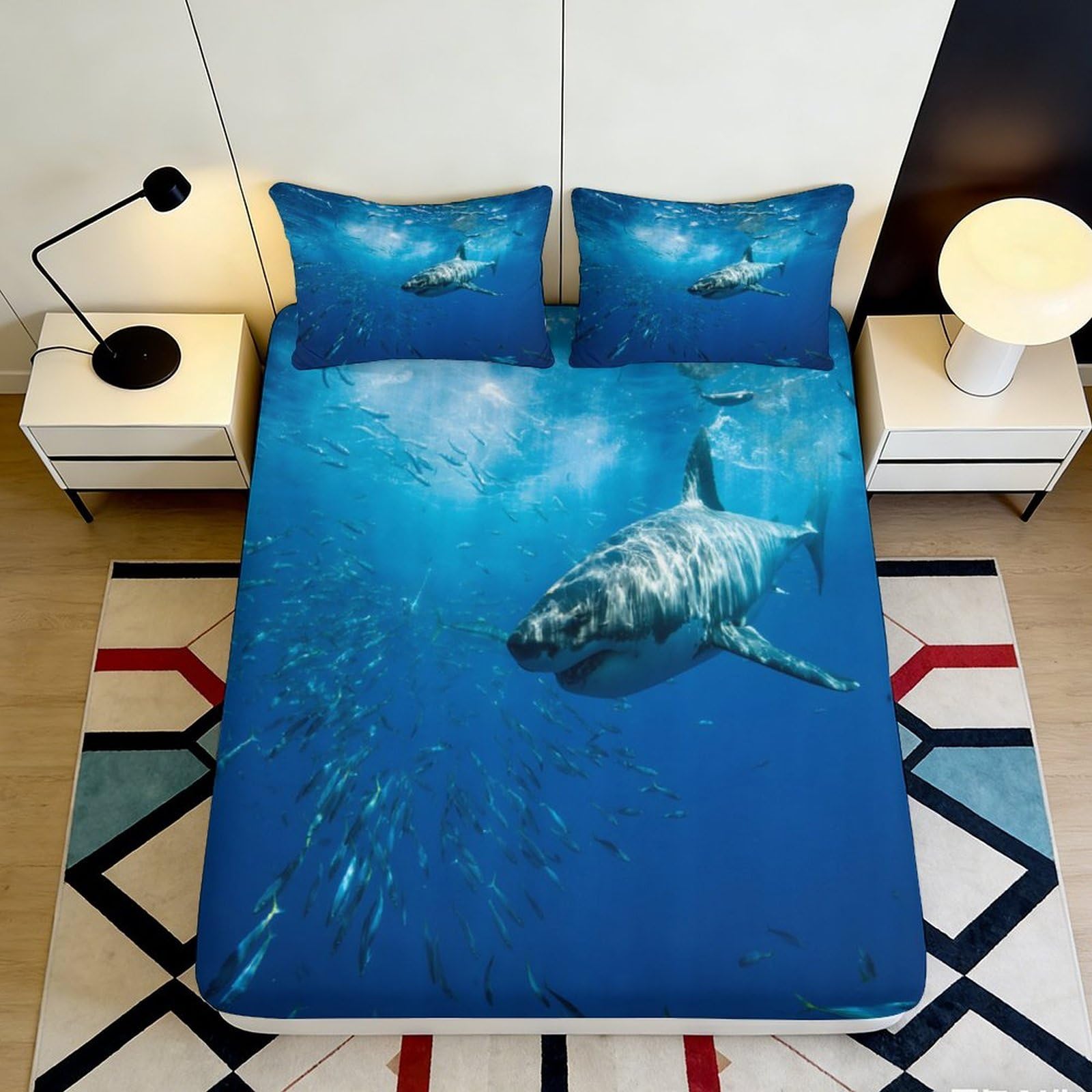 3D Printed Shark Pattern Fitted Sheet Microfiber Soft Breathable Ocean Life Bed Cover for Bedroom Dorm Dormitory Guest Room Mattress Protection 120x200x25cm