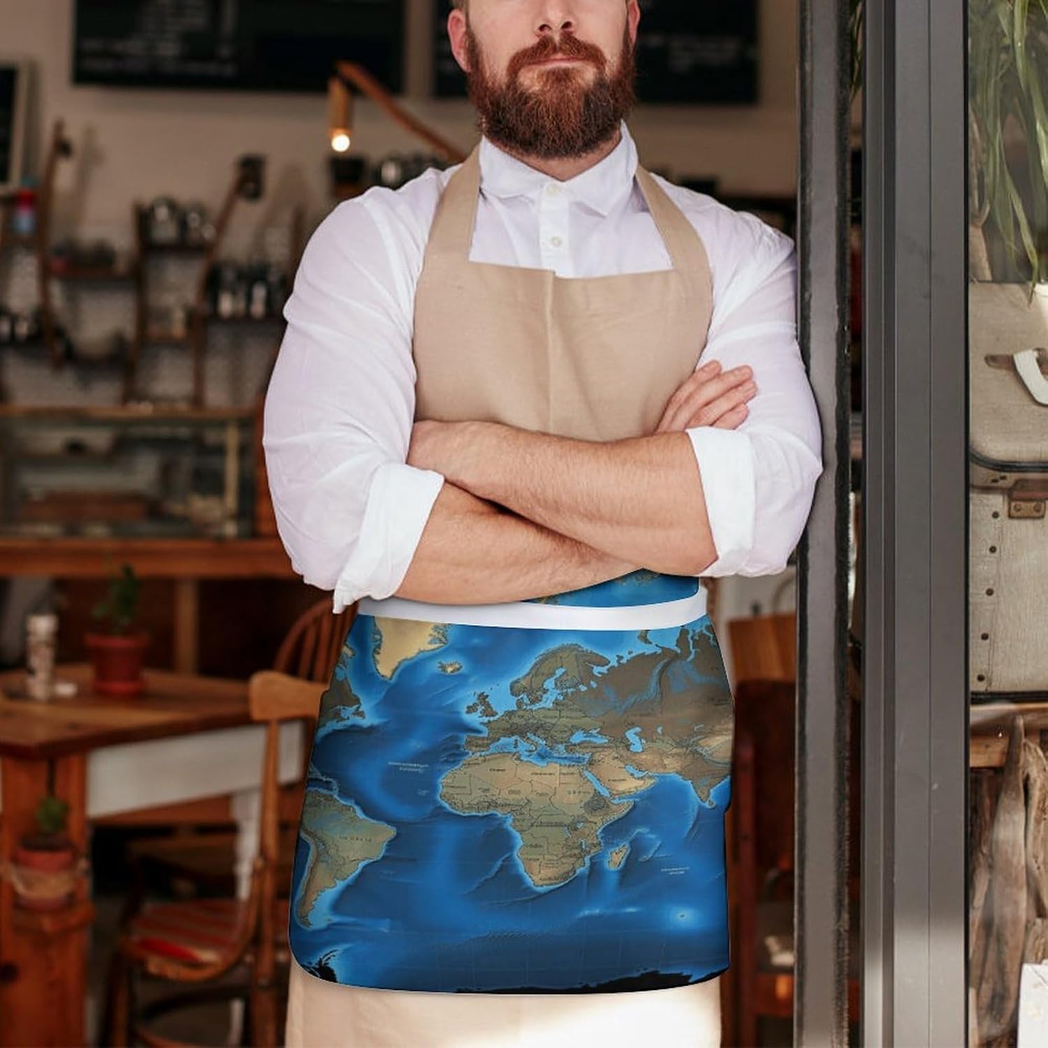 World Map Server Aprons for Women And Men Waterproof Half Apron with 3 Pockets Deluxe Oxford Fabric Waist Aprons Adjustable Chef Apron for Kitchen Bar Home