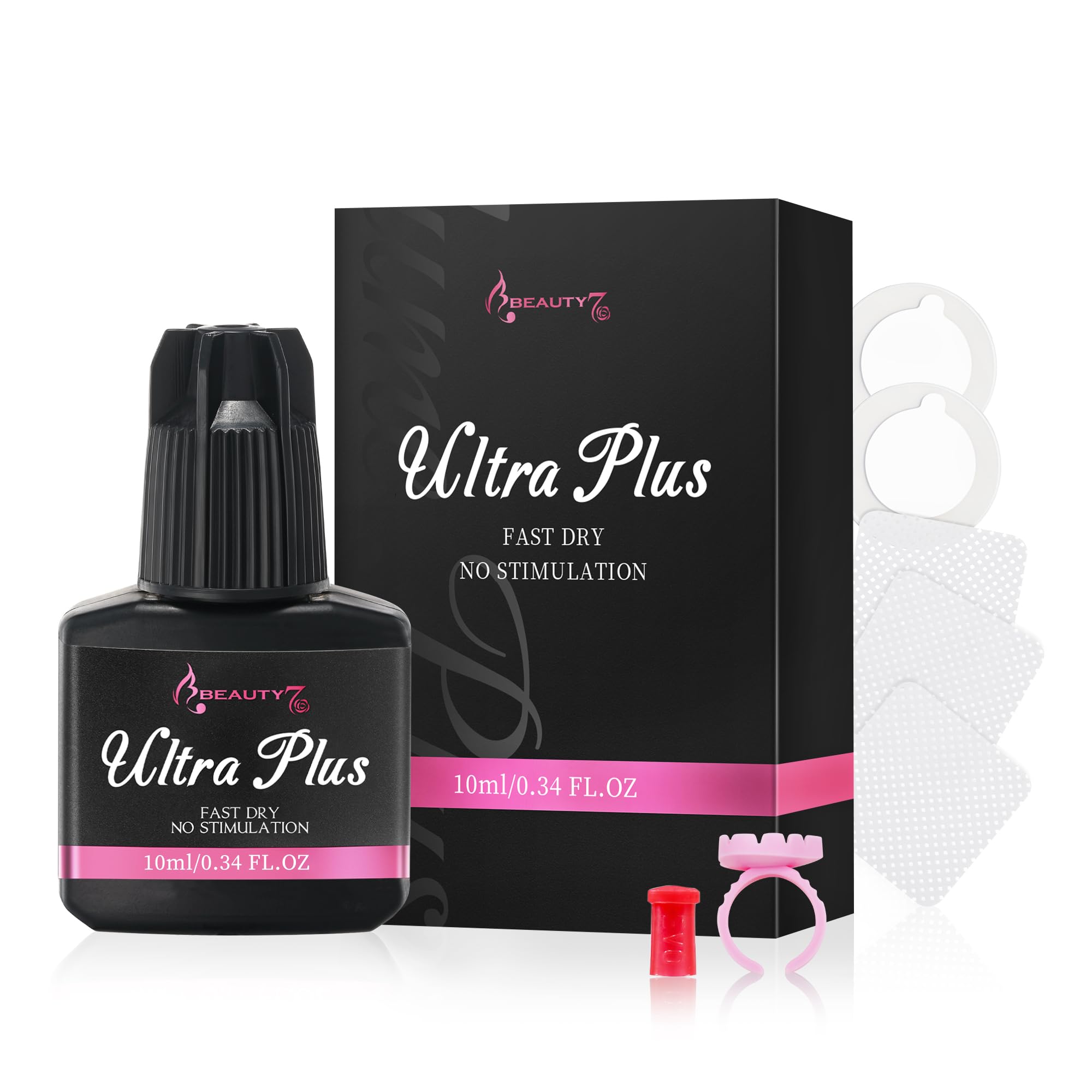 Beauty7 10ml Ultra Plus Fast Instant Bonding Individual Eyelash Extensions Adhesive Glue Black Fast Dry Long Strong Retention Non-Stimulation Semi Permanent Professional Lash Artists Tech Use