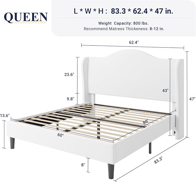 Allewie Queen Size Bed Frame, Plush Velvet Wingback, Modern Style, White image 2
