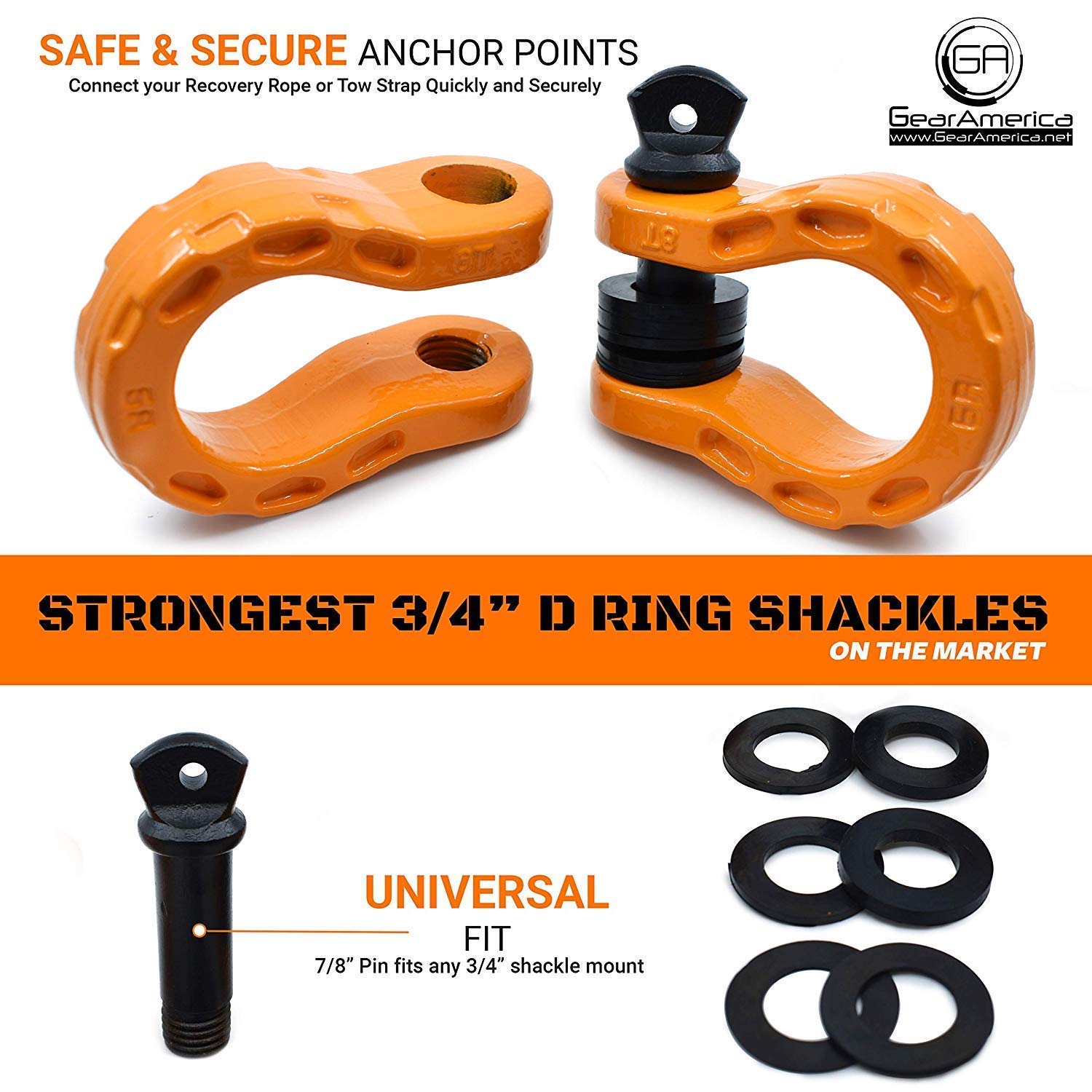 GearAmerica Mega Shackles 68,000 lbs Capacity, Stronger Than 3/4" D