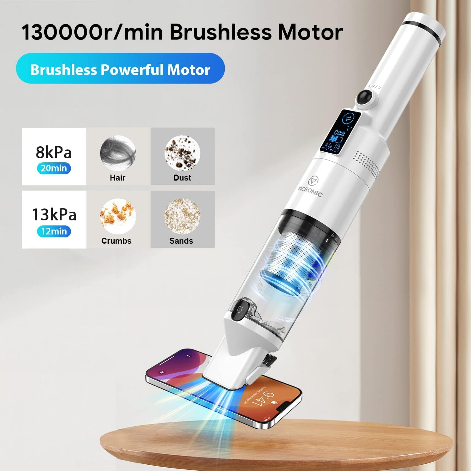 VICSONIC LED Aspirapolvere Auto 13KPa Aspirapolvere Portatile Disponibile per 20 Minuti, con Schermo Intelligente, Base da 1,1 lb, Contenitore per la Polvere da 200 ml e Cavo di TipoC