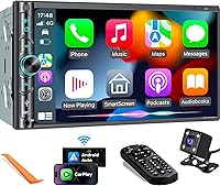 SjoyBring Wireless Double Din Car Stereo 7" HD Touchscreen, CarPlay Android Auto, Bluetooth, 4.2-Ch Output, Backup Camera, Subwoofer Ports