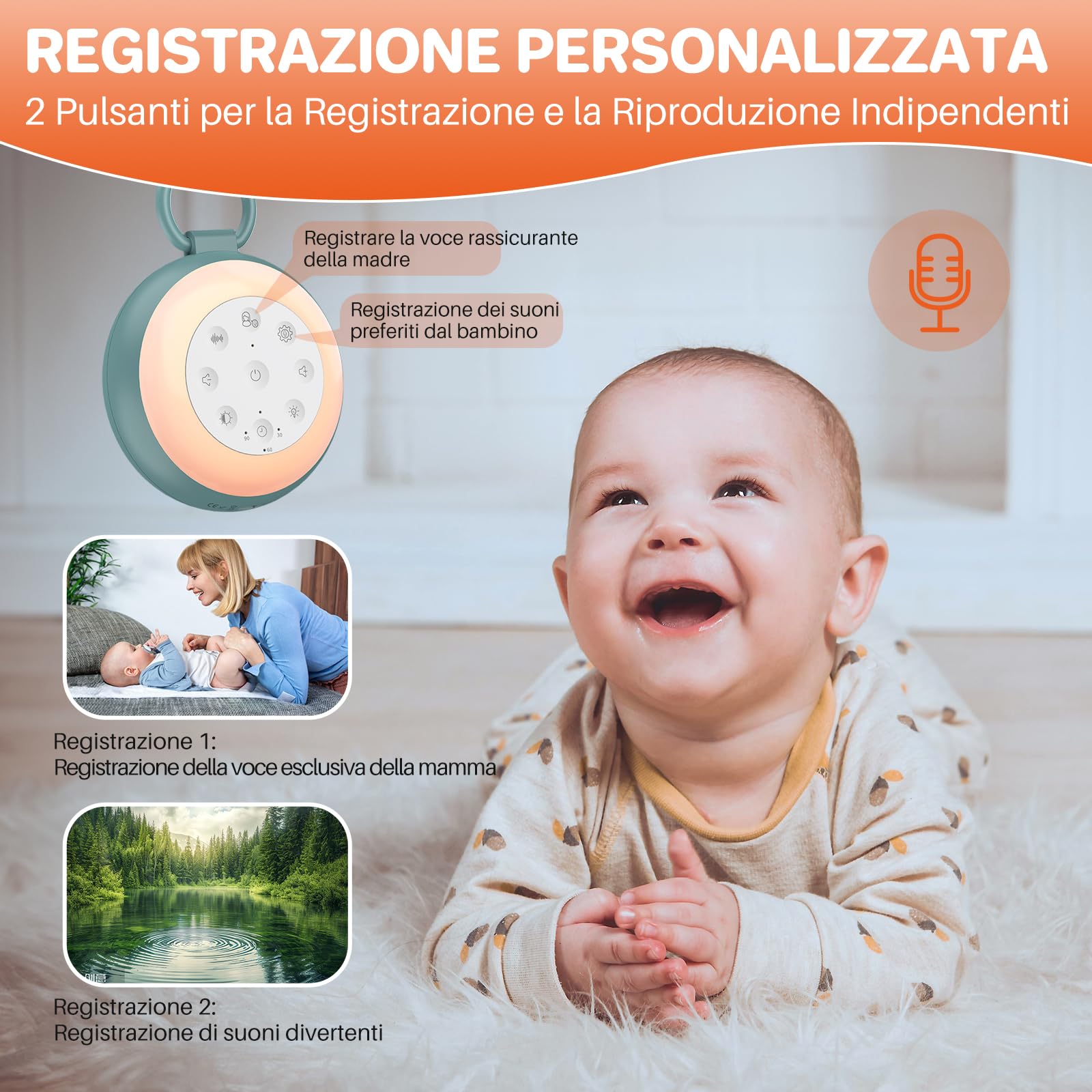 FUNYKICH Rumori Bianchi per Neonato con Funzione di Registrazione a 2 Segmenti e Altoparlante Senza Fili,24 Suoni Rilassanti,Macchina Rumore Bianco per Dormire Adulti con Luce Notturna e Timer,Blu