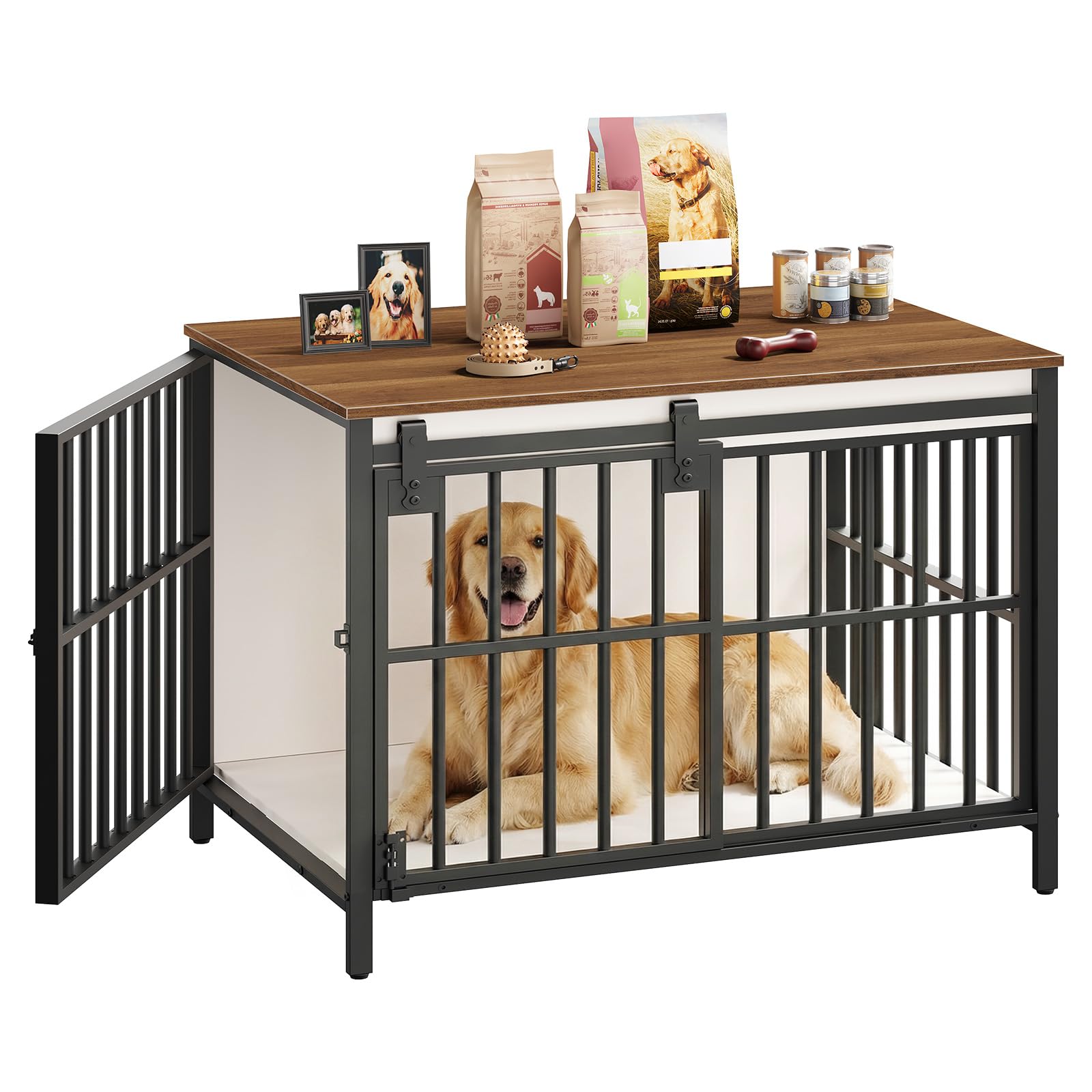 HOOBRO Jaula para Perros, con Puerta Corredera Tipo Granero, Mueble Interior para Perros Pequeños y Medianos, Jaula Pesada con 2 Puertas, para Salón, Dormitorio, Blanco y Nogal EBWH163GW03