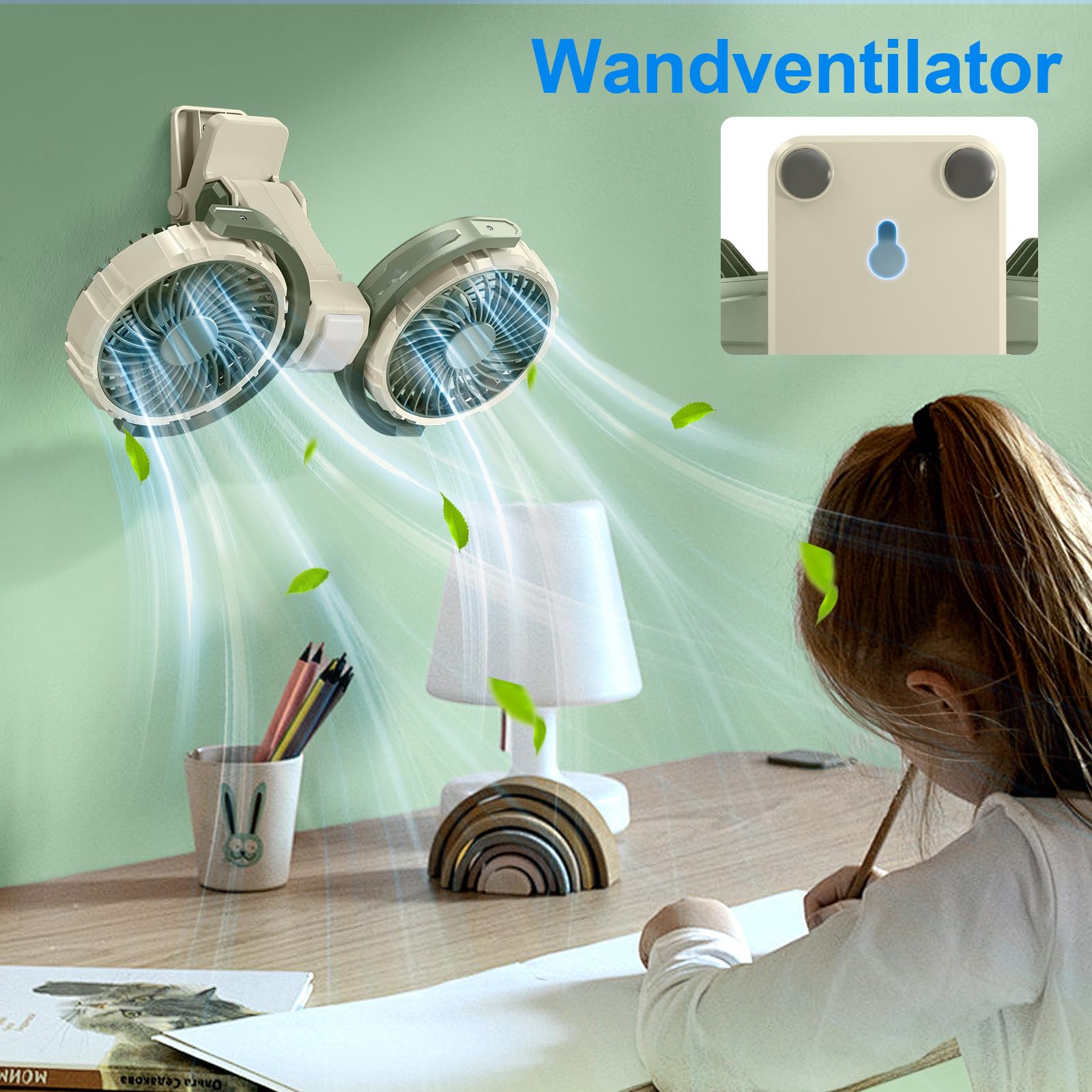 Ventilatore da tavolo a doppia testa con clip on a batteria, USB ricaricabile, rotazione a 360 gradi, ventilatore di raffreddamento personale silenzioso, può essere fissato ai veicoli, verde