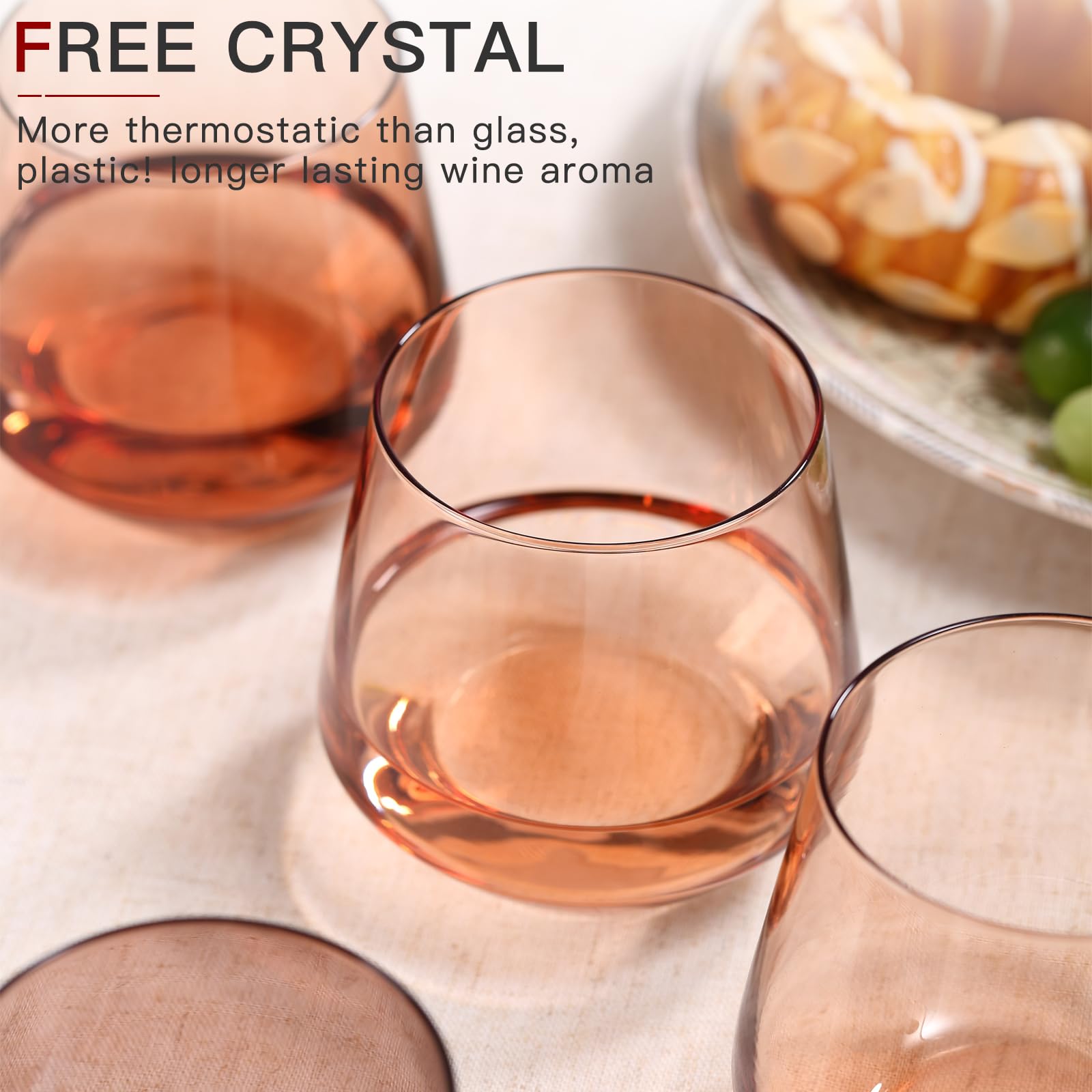 Weingläser-Set ohne Stiel, mundgeblasen, farbige Weingläser, ohne Stiel, 425 ml, Venus-farbige Gläser für Wein oder Softdrinks, einzigartiges Weingeschenk für Frauen, Geburtstag, Hochzeit, 6 Stück