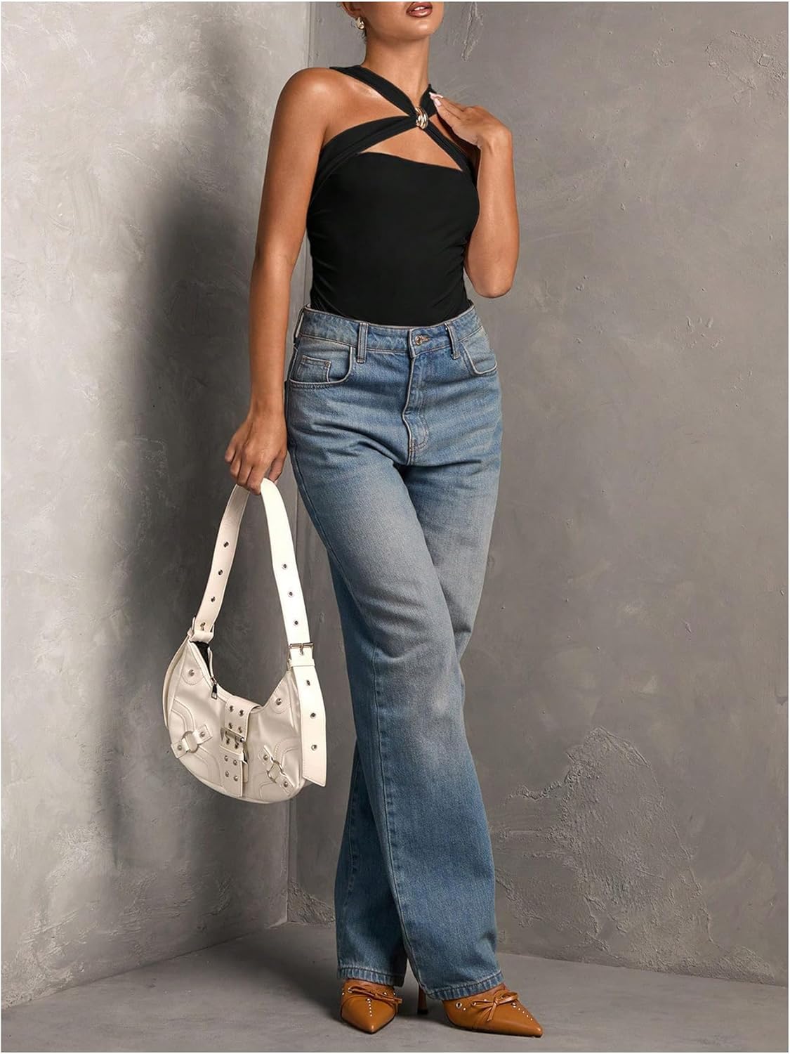 MakeMeChic Women's Criss Cross Halter Bodysuit Ring Cut Out Sleeveless Fitted Leotard Tops - Image 5