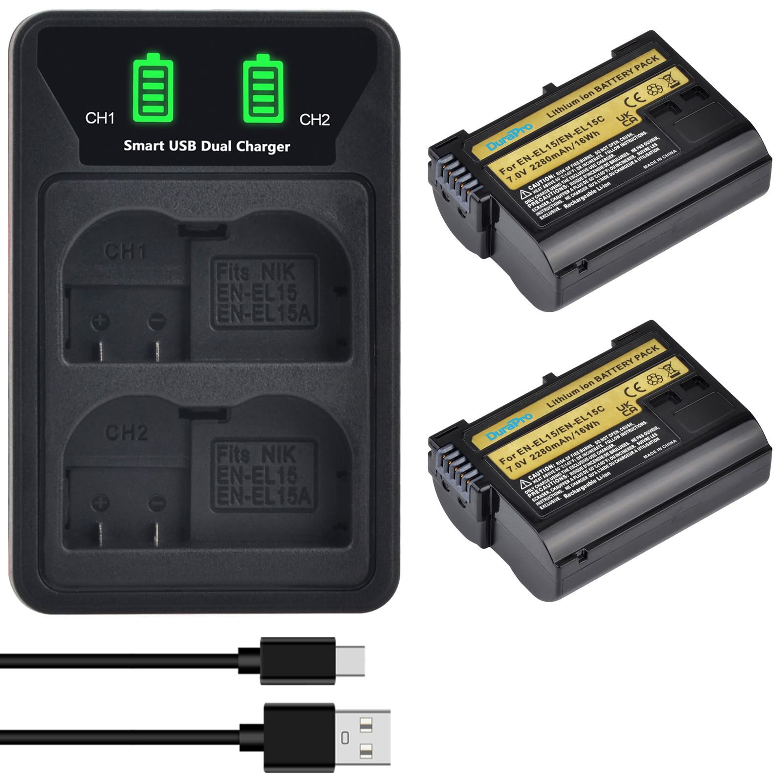 2Pcs EN-EL15 EN-EL15C Battery + LED Dual USB Charger with Type C Port for Nikon EN-EL15 EN-EL15A Z6, Z7, z8, D850, D810, D810A, D800, D800E, D7500, D7200, D7100, D7000, D750D810 Cameras