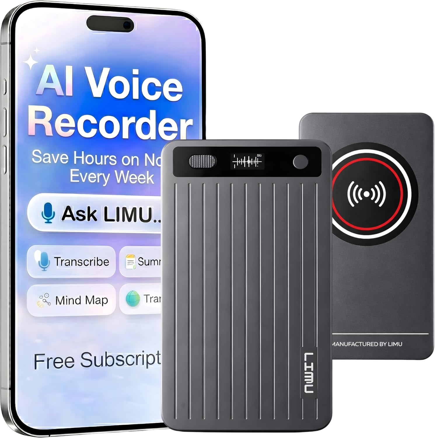 LIMU AI Voice Recorder, German Design AI Note Taking Device with GPT-5.5, Wireless Charging Audio Recorder, Transcribe, Summarize, MindMap, 125 Language, AI Assistant for Meetings, Calls, Lectures