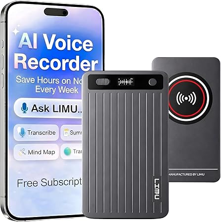 LIMU AI Voice Recorder Pro with App Control - 60h Battery, 64GB Metal AI Note Taking Device - GPT 5 Translation, Summaries & Mind Maps (125 Languages), 400 Min/Month - Digital Audio Recording Device