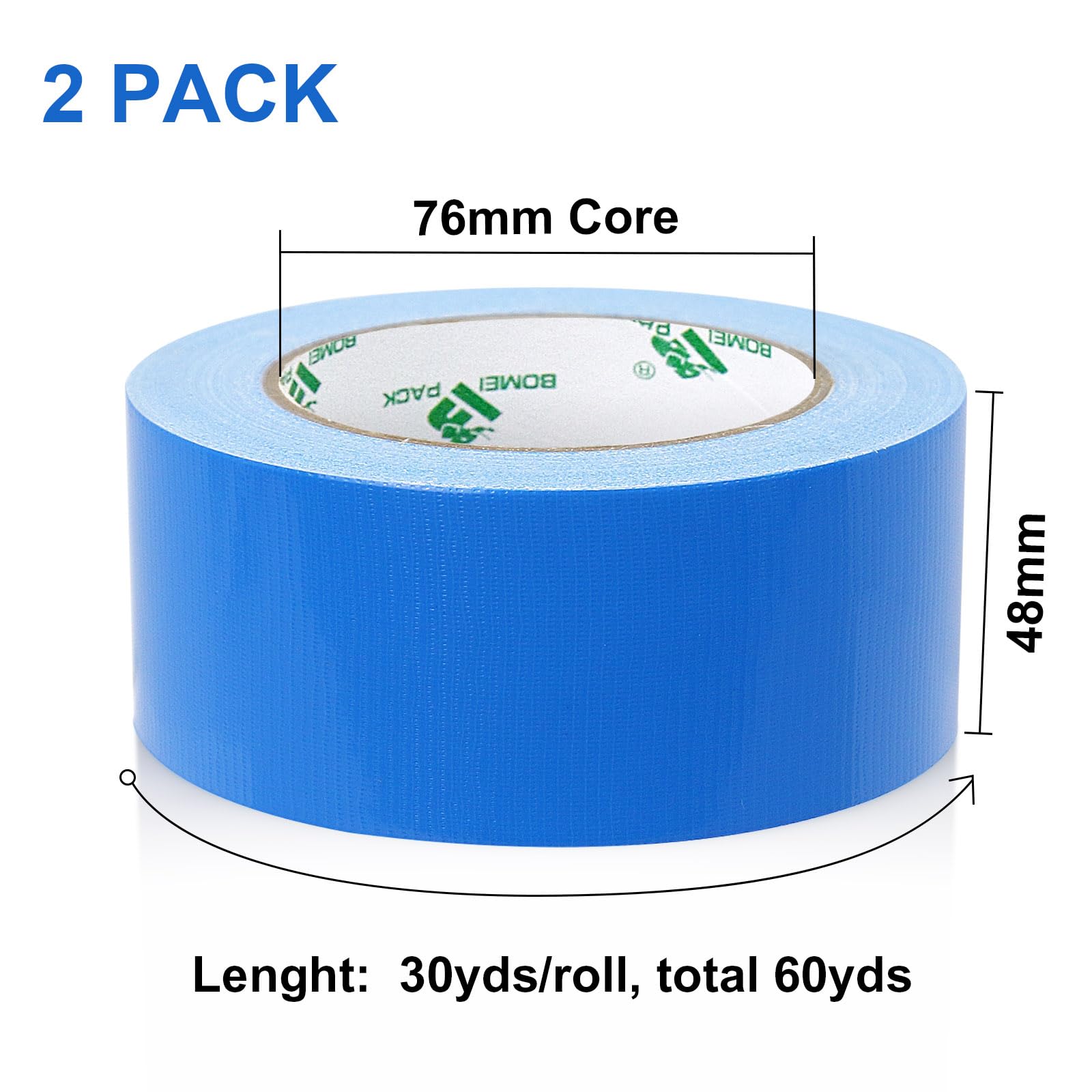 BOMEI PACK 2 Packs Sky Blue Duct Tape 2 inch Reinforced Light Blue Gaffer Tape 48mm x 30Y Sticky for Ducts Fixing Repairing,Heavy Duty Moving Sealing,Bundling,Decoration Craft Labeling - Image 2