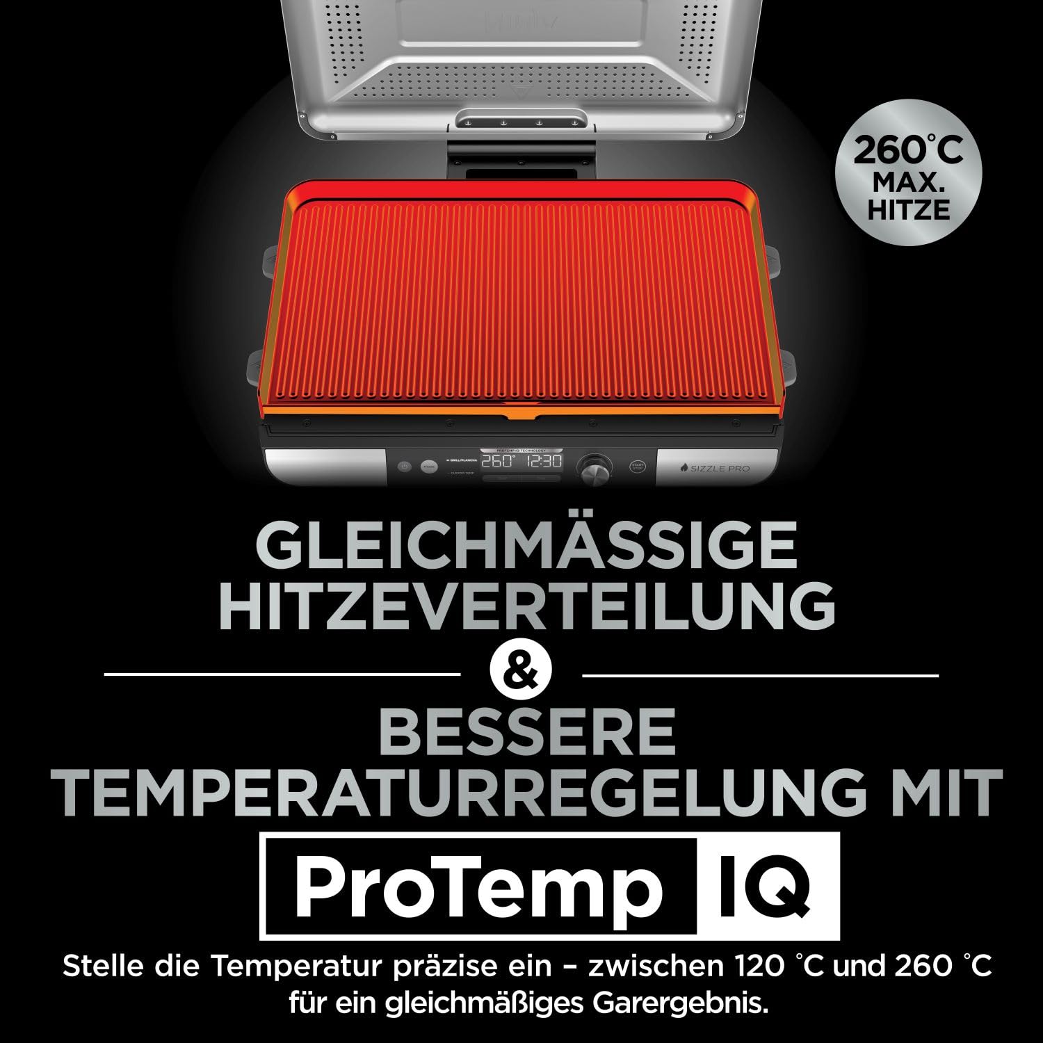 Ninja Sizzle Pro XL Indoor-Grill & Plancha GX101EU, Keramikbeschichtung, abnehmbarer Deckel, Silber/Schwarz