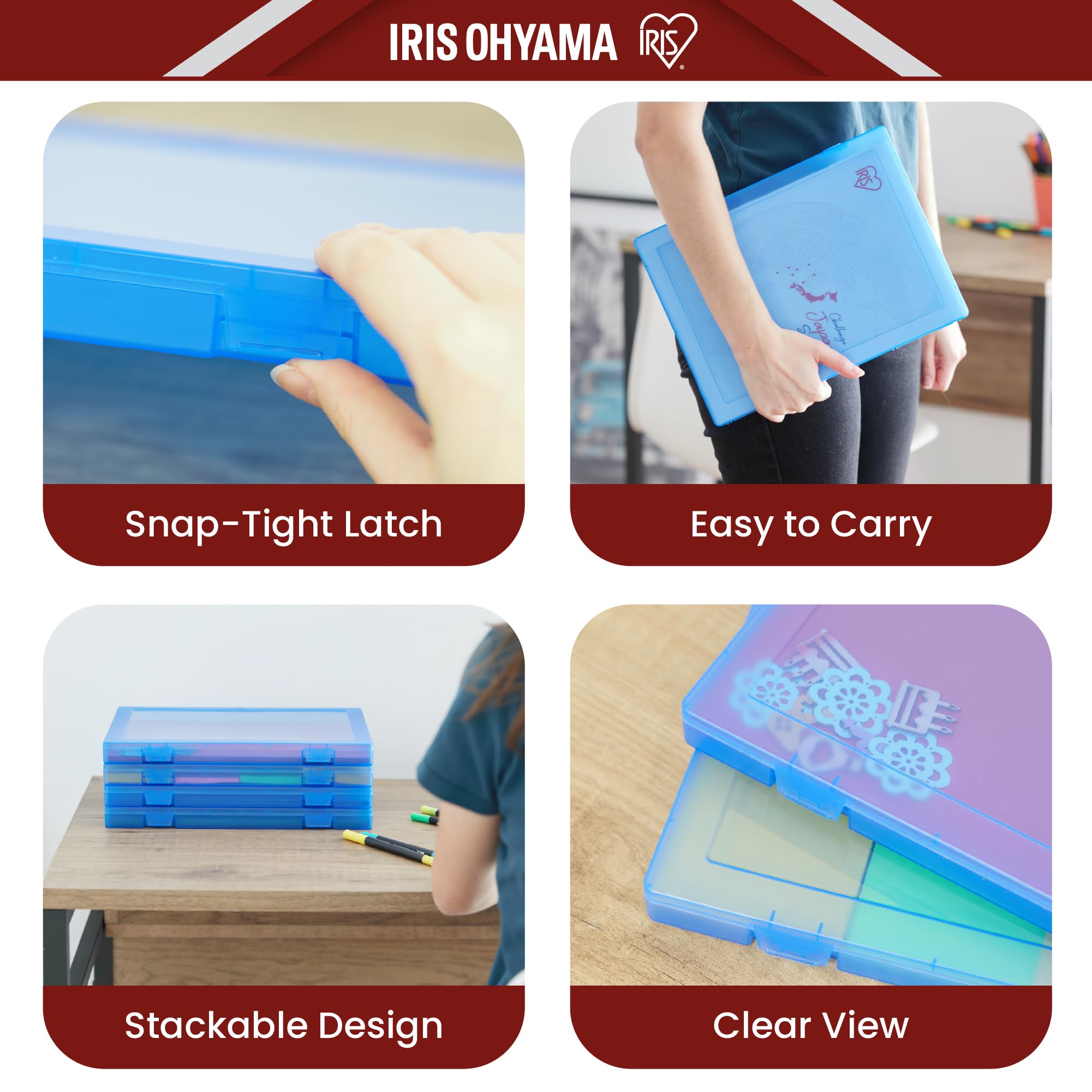 Iris Ohyama, Scatole Documenti A4, Cartelline Portadocumenti, Set da 4, Blu, Capacità di 150 Fogli A4 Ciascuna, Impilabile con Maniglia e Chiusura di Sicurezza, Senza BPA, Cartella, PJC-A4