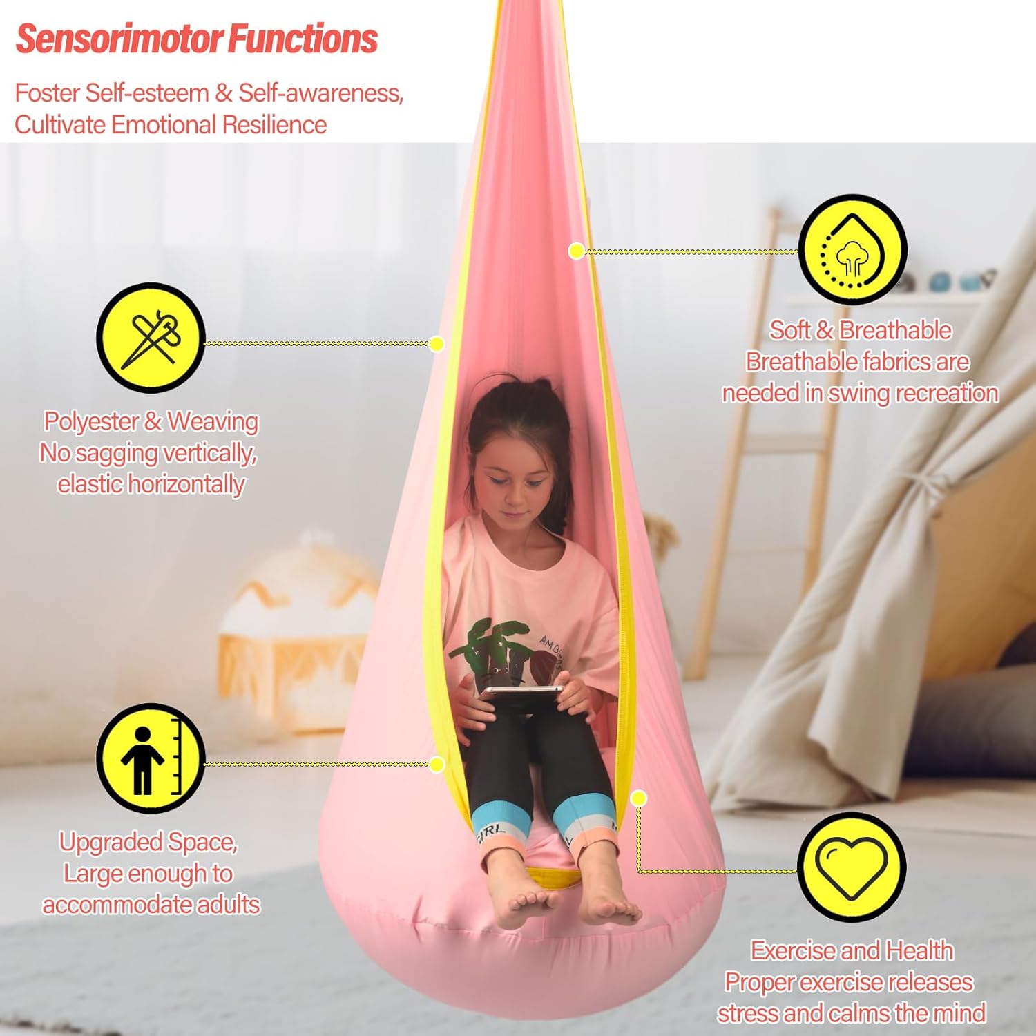 Kids Pod Swing Seat, Max 300 Lbs, Child Sensory Swing Chair Indoor & Outdoor Therapy Hammock Chair with Hanger Kit for Calming, Effect for Autism, ADHD or SPD. (Pink)