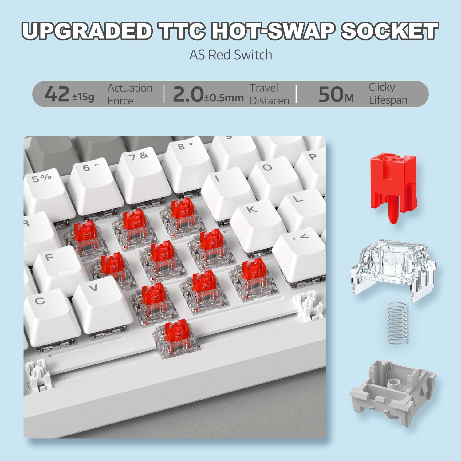 Close-up of the keyboard showing a keycap removed and an AS Red Switch, with an inset diagram of the switch components and specifications for actuation force, travel distance, and lifespan.