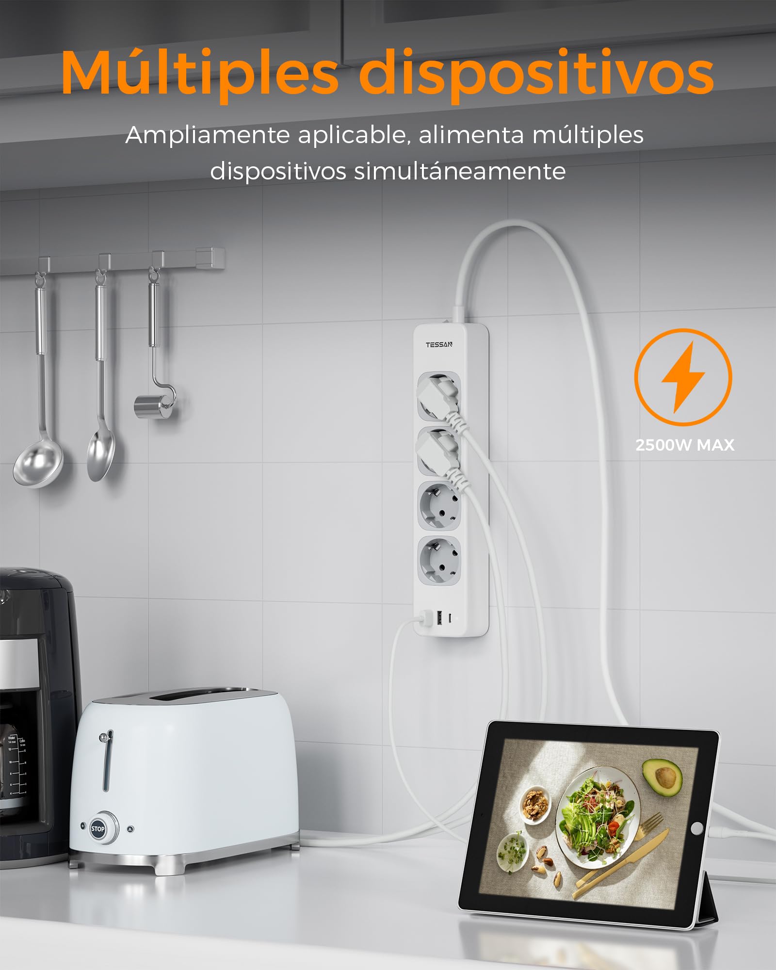 TESSAN Regleta Enchufes 7 en 1 con USB C y USB A, 4 Tomas, 10 Metros