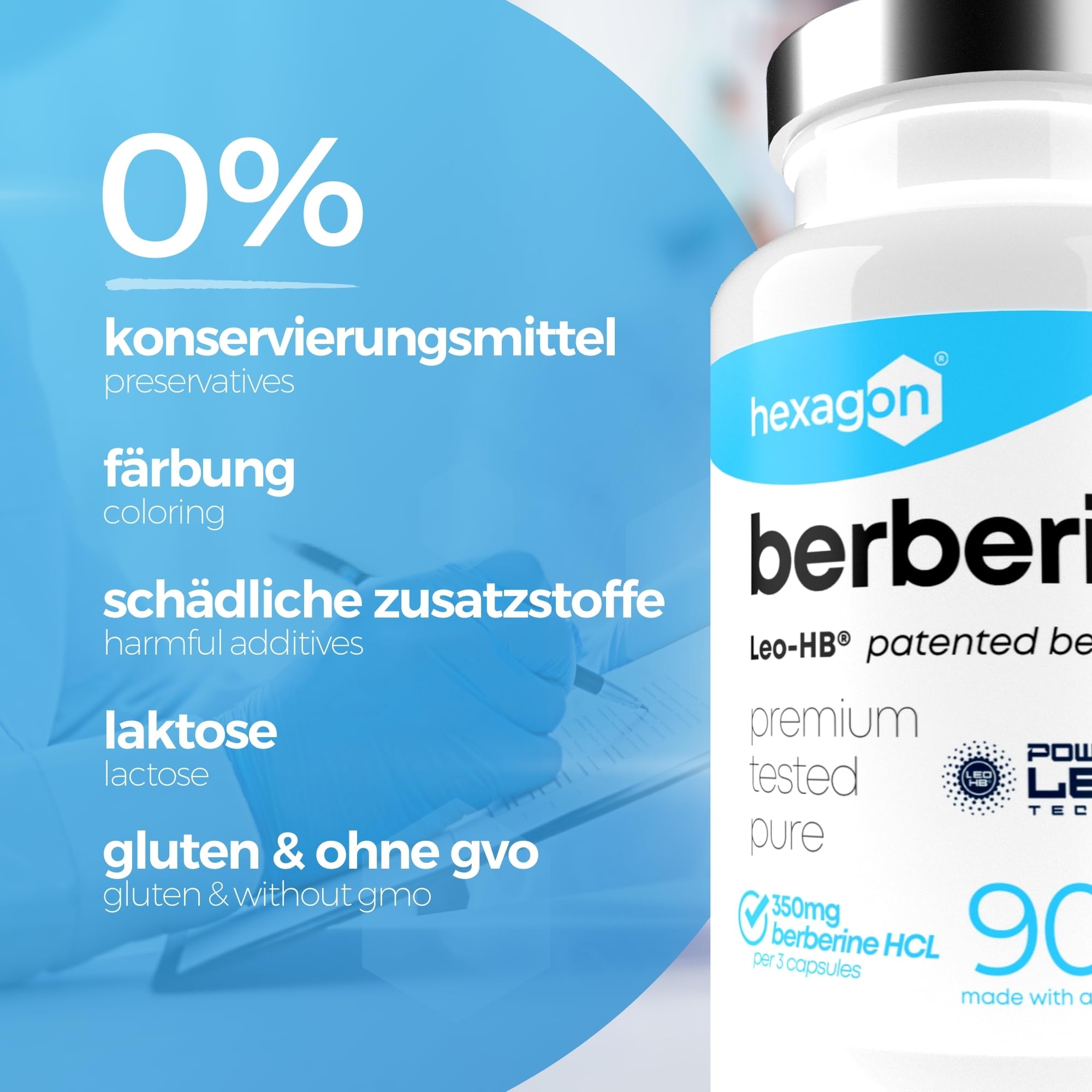 BERBERIN - LEO-HB® Patentiert, 4x höhere Bioverfügbarkeit - Bis zu 3 Monate Kur - Berberin HCL - Berberis Aristata - Stoffwechsel & Blutzucker - Made in Frankreich - 90 Kapseln - Hexagon