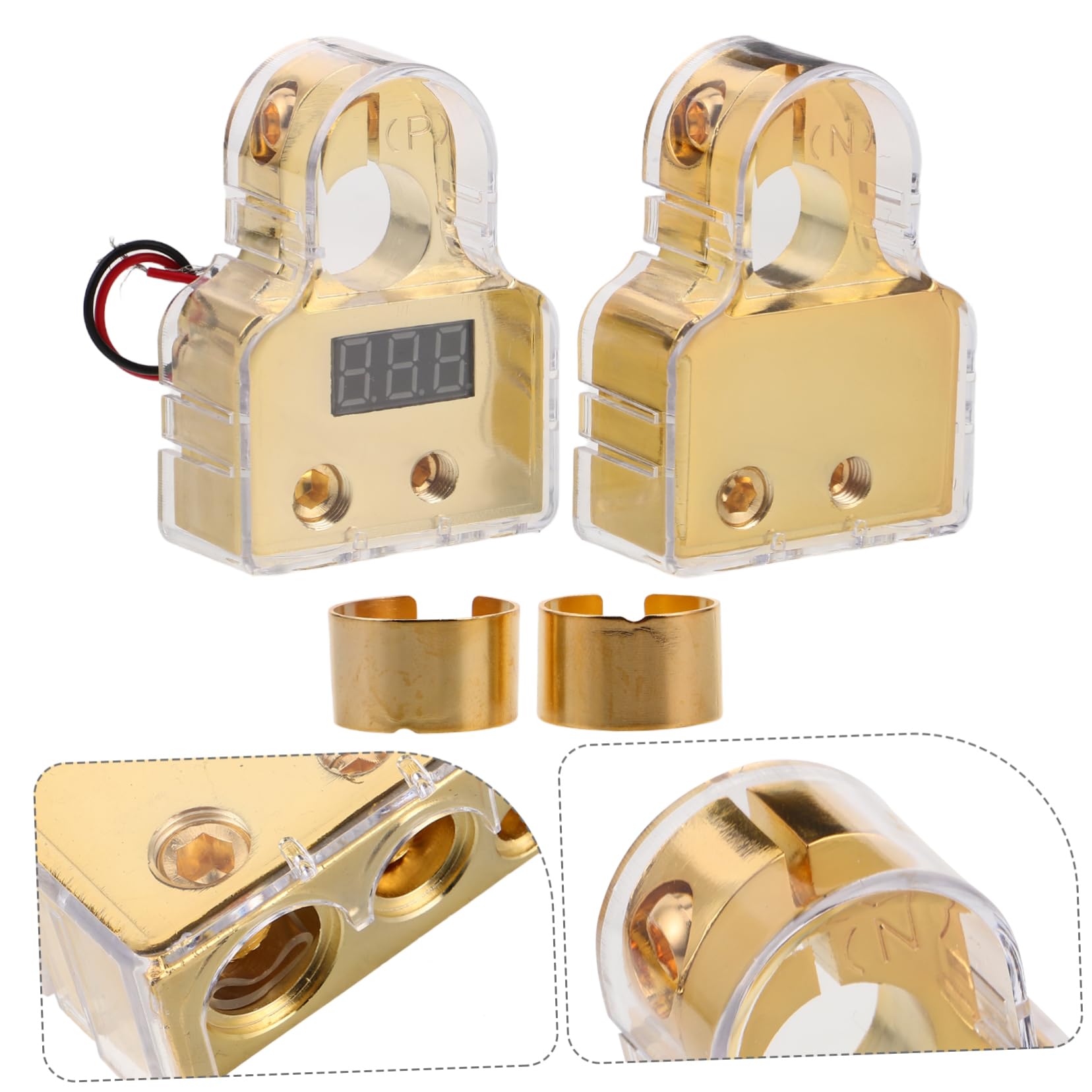 GALPADA 1 Set de Cosses de Batterie pour Voiture, Connecteurs de Borne en Alliage de Zinc, Affichage Voltmètre Numérique, avec Shims et Cache-bornes, pour Installation Audio Auto et Marine