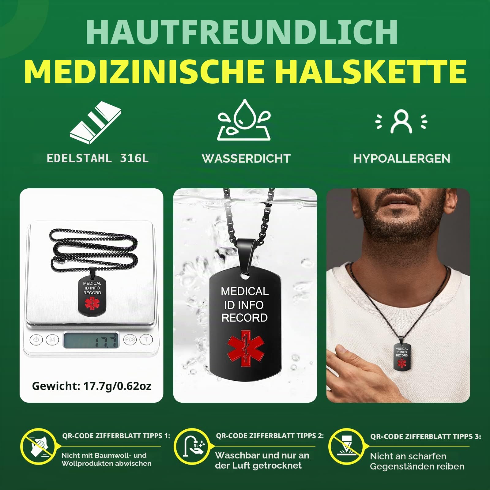 Medizinische Alert Halskette für Männer Frauen,19'' Kette graviert QR Code Medizinische ID Halskette für mehr Raum Benutzerdefinierte Online Notfall medizinische Info