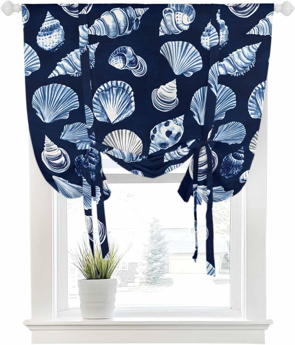 Tie Up Curtains for Windows Coastal Ocean Blue Conch Seashell on Black Rod Pocket Tie-Up Window Shade Adjustable Balloon Curtain Valance Sea Marine Life for Bedroom Kitchen Bathroom Blinds,52x63in
