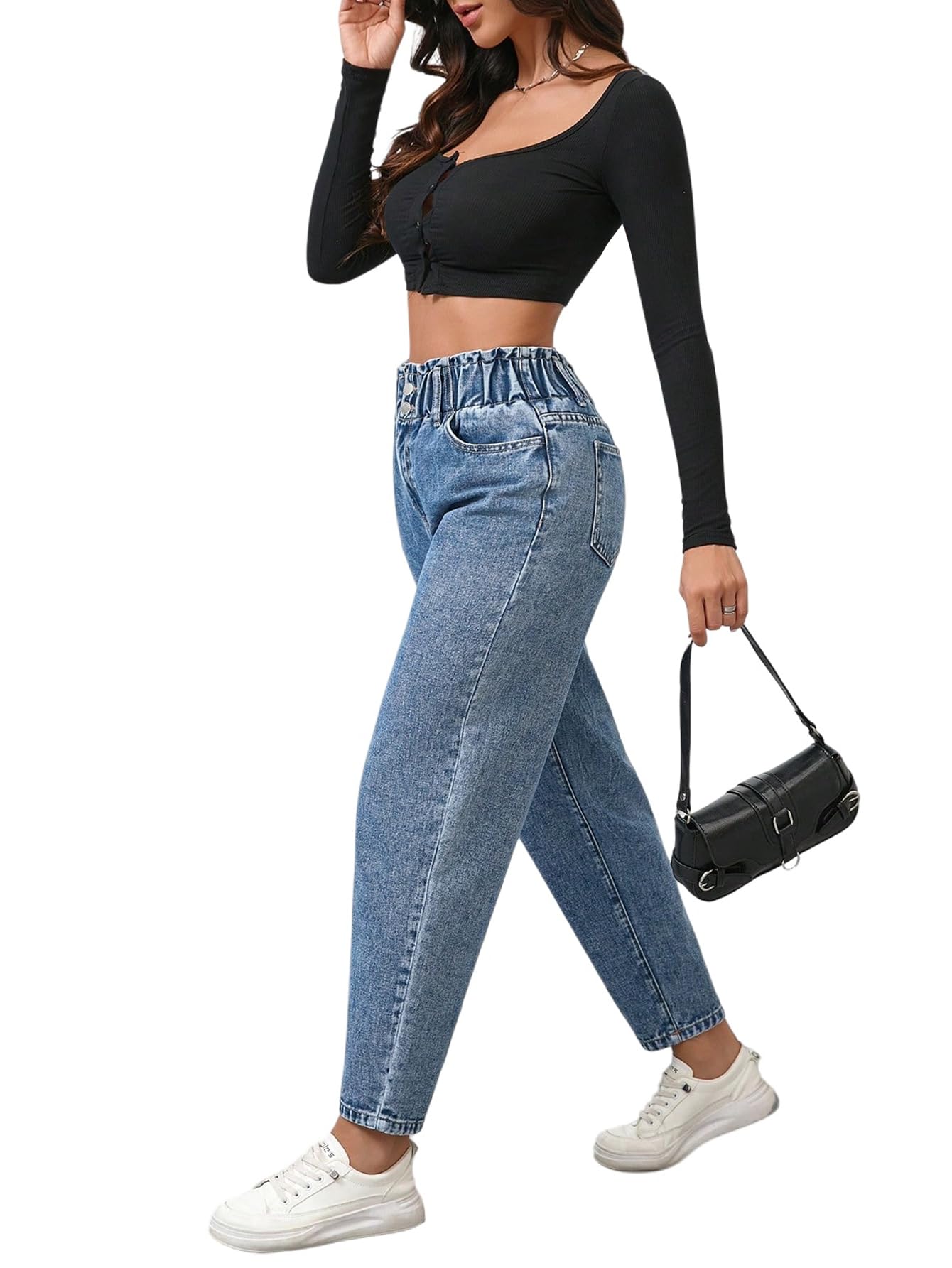 SOLY HUX Pantalon en jean pour femme - Taille haute - Pantalon en jean avec poches - Pantalon avec taille élastique - Jean avec coupe carotte - Streetwear